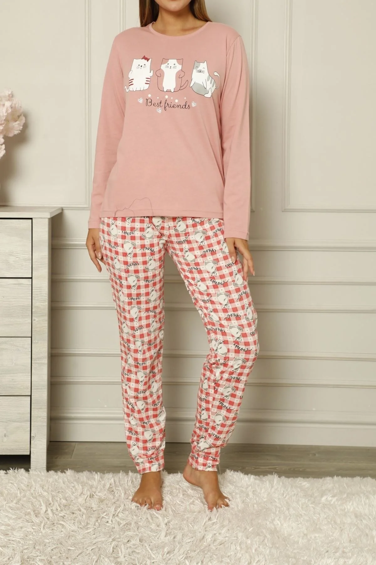 Nicoletta  Damen-Pyjama-Set aus Baumwolle in Koralle