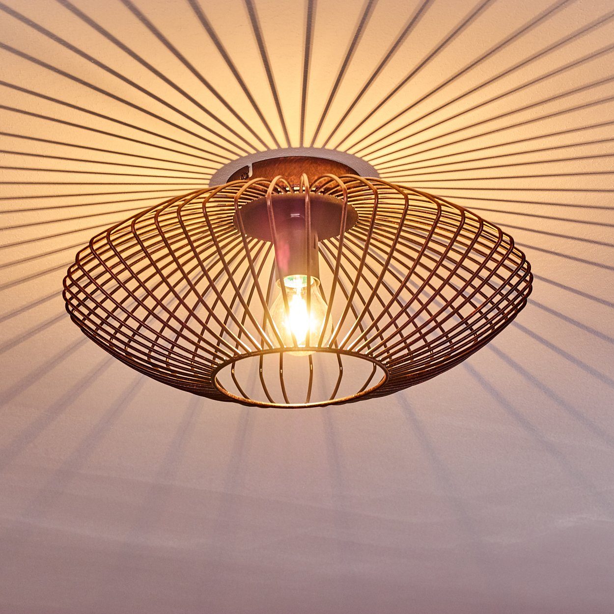 hofstein Deckenleuchte Pieris runde Deckenlampe aus Metall in Schwarz/Kupfer, ohne Leuchtmittel, E27, Retro-Leuchte mit Lichteffekt durch Gitter-Optik