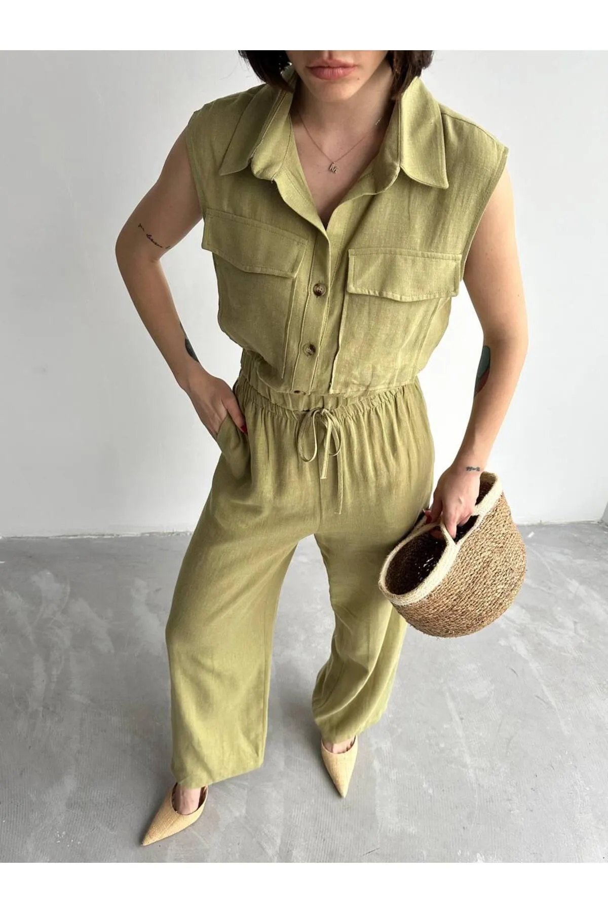 Laluvia  Khakifarbenes, elastisches Weste-Hose-Leinenset aus 100 % Baumwolle