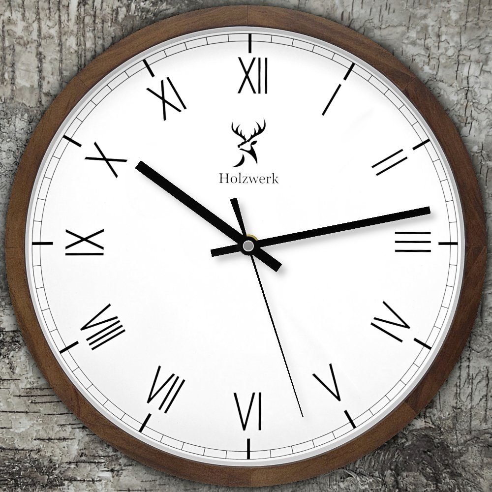 Holzwerk Wanduhr EISENBERG Designer Holz Wand Uhr, braun, weiß (lautlos ohne Tickgeräusche, 30 cm)