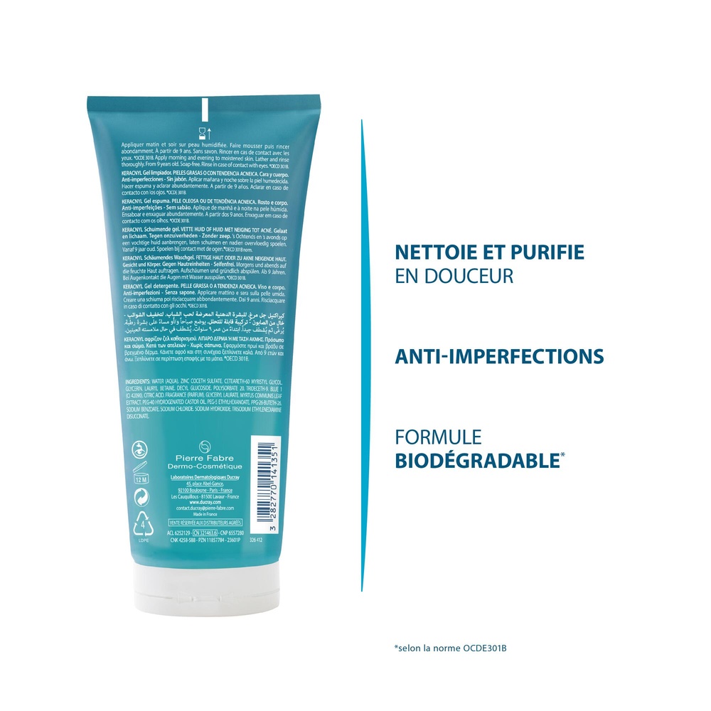 Ducray Keracnyl - Gel moussant nettoyant purifi ant visage peau grasse 200ml Nettoyant