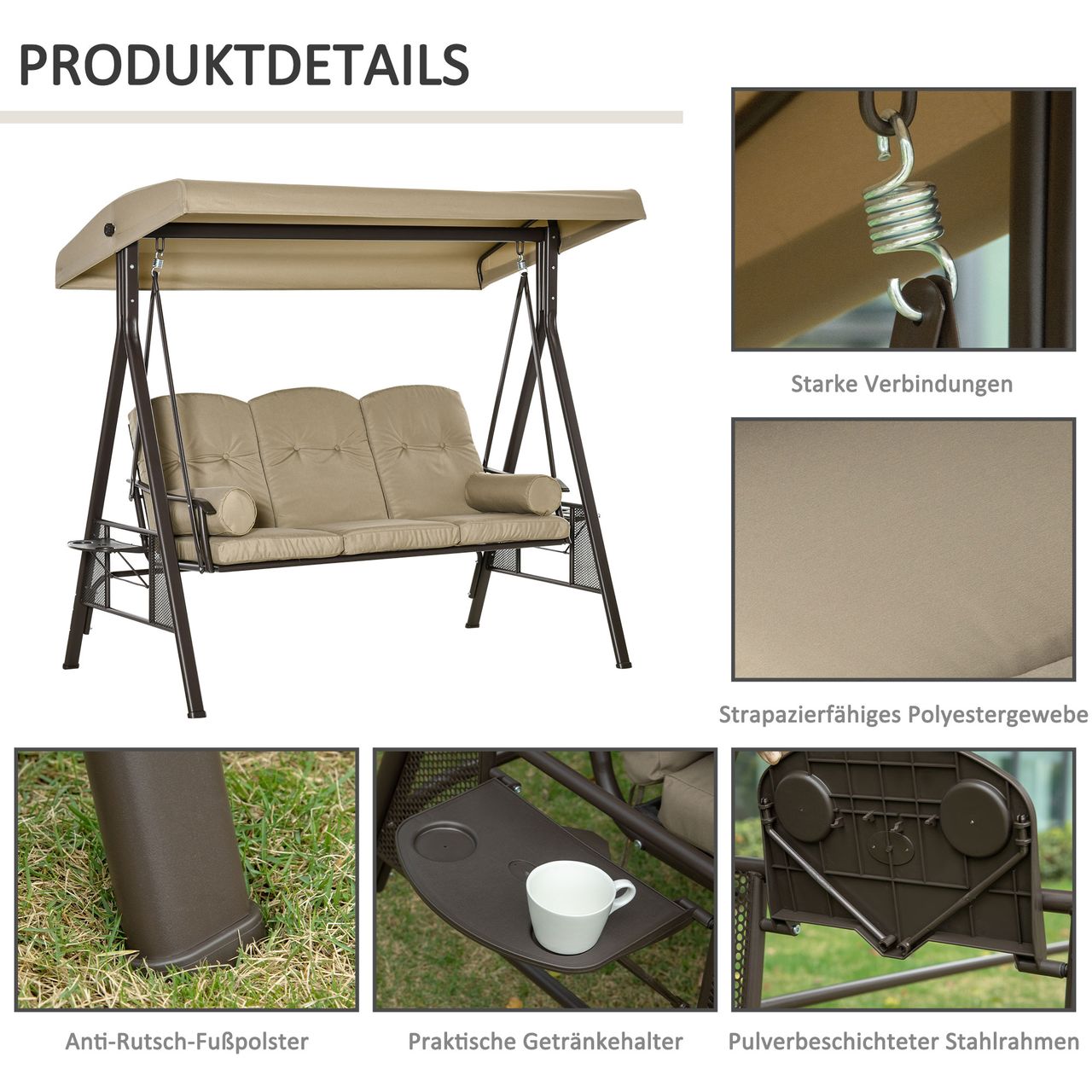 Outsunny 3-Sitzer Hollywoodschaukel Gartenschaukel mit Sonnendach Kissen Metall Polyester Grau 116 x 206 x 183 cm