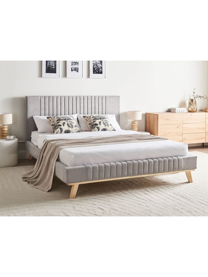 Beliani Doppelbett TALENCE in Grau/Heller Holzfarbton - (W) 175 x (H) 105 x (L) 215 cm günstig kaufen onesize