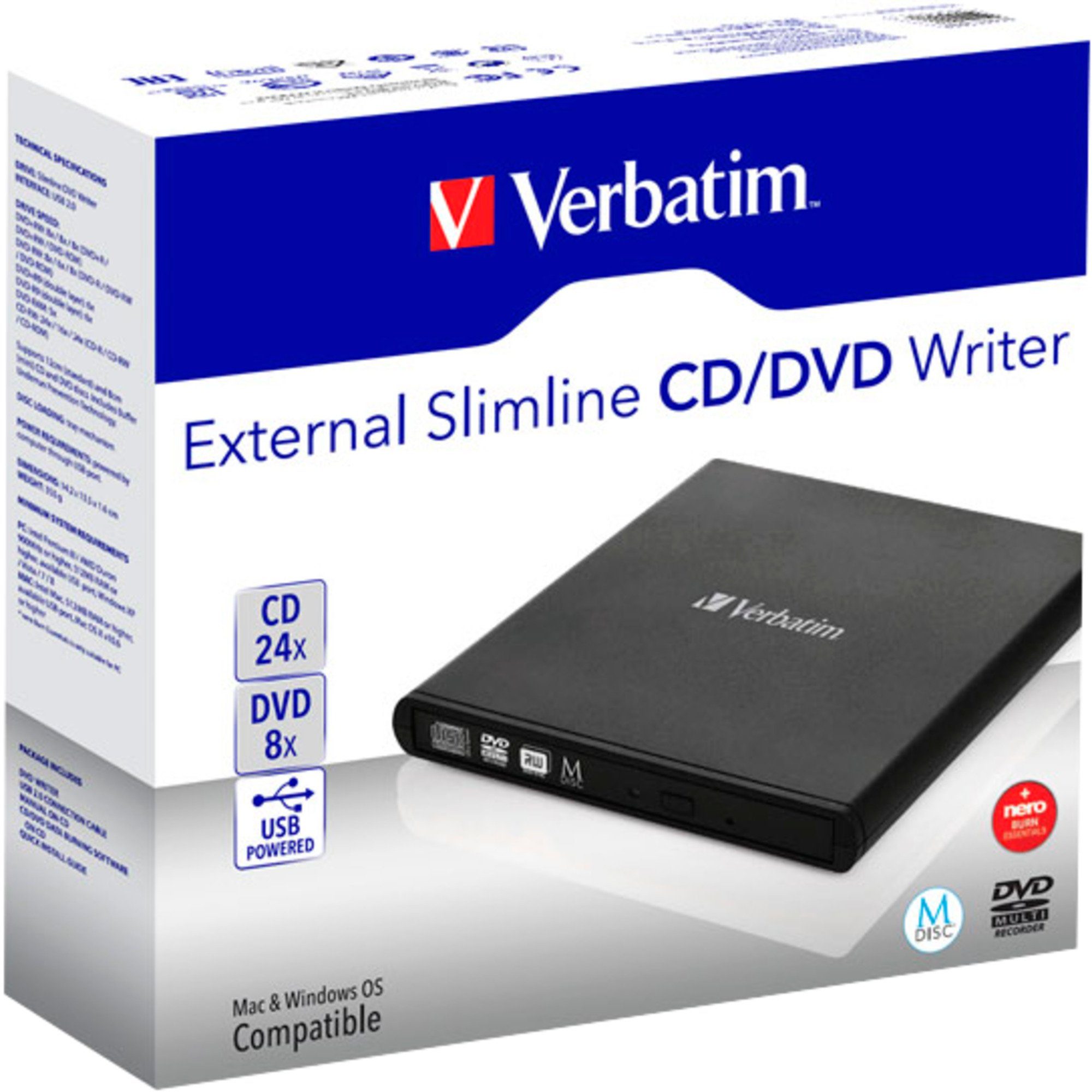 Verbatim Verbatim External Slimline CD/DVD Writer, externer DVD-Brenner