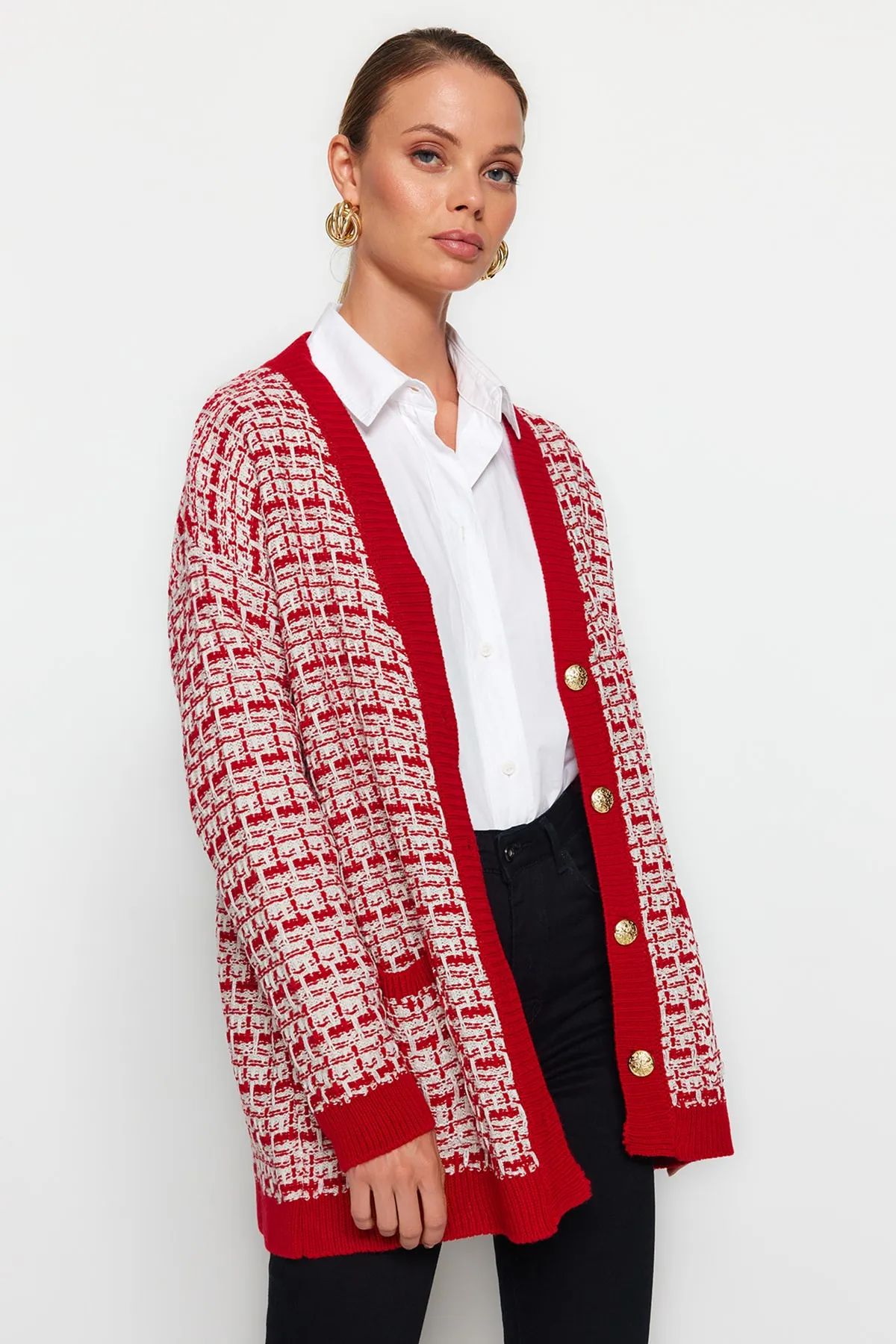 Trendyol Collection  Roter, weit geschnittener Strickcardigan in Tweed-Optik mit Glitzer TWOAW21HI0250