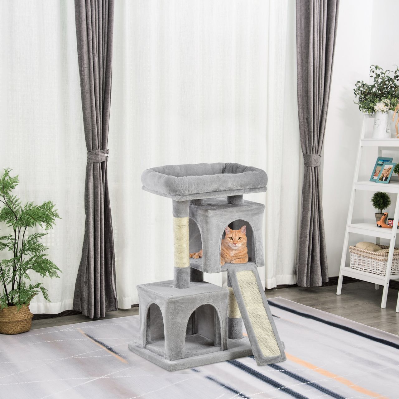 PawHut Katzenbaum mit Sisalsäulen, Katzenkratzbaum, Katzen Kletterbaum, Katzenbaum, Hellgrau, 59 x 39 x 83 cm