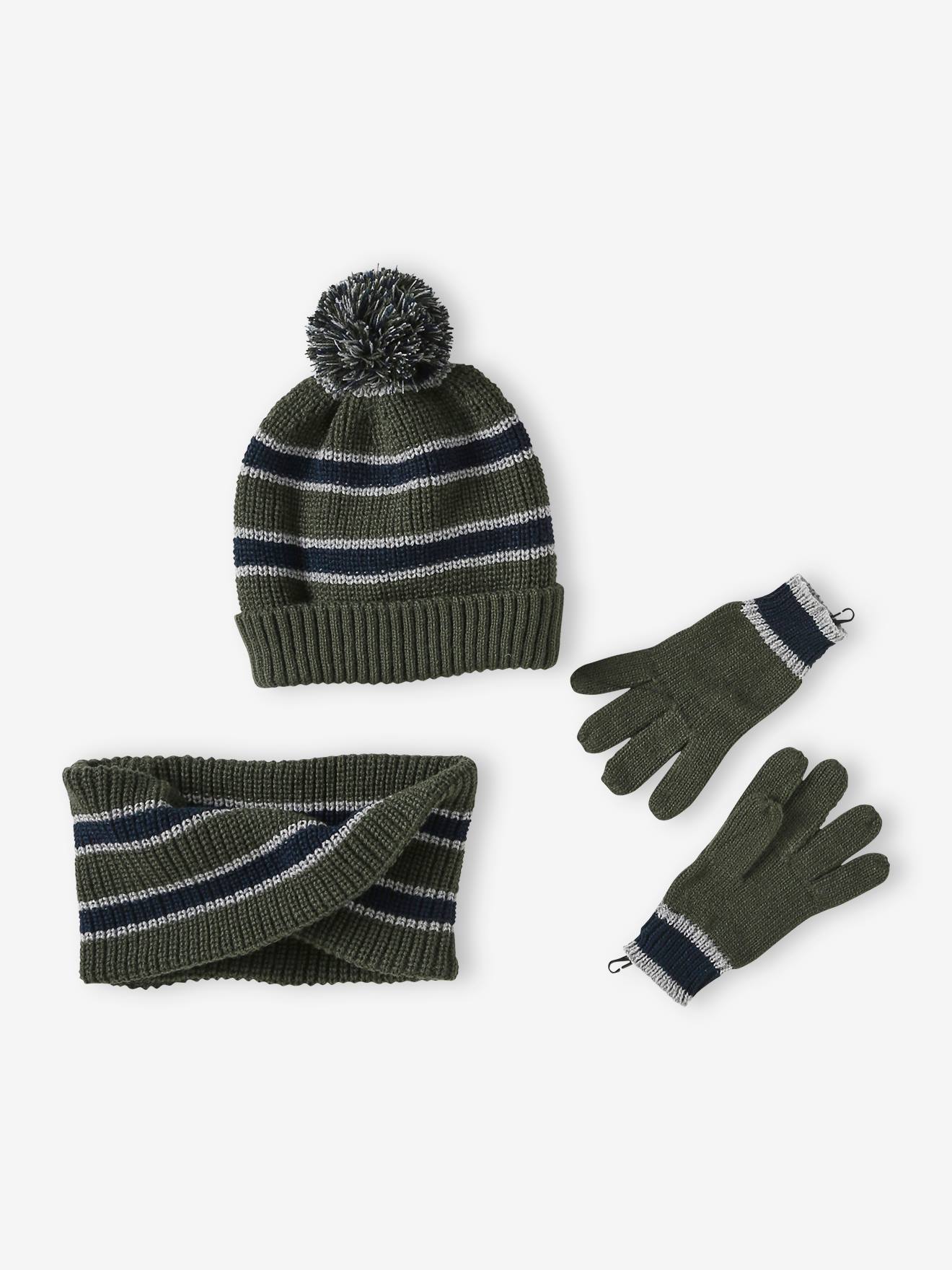 Vertbaudet Jungen-Set: Mütze, Rundschal & Handschuhe - khaki