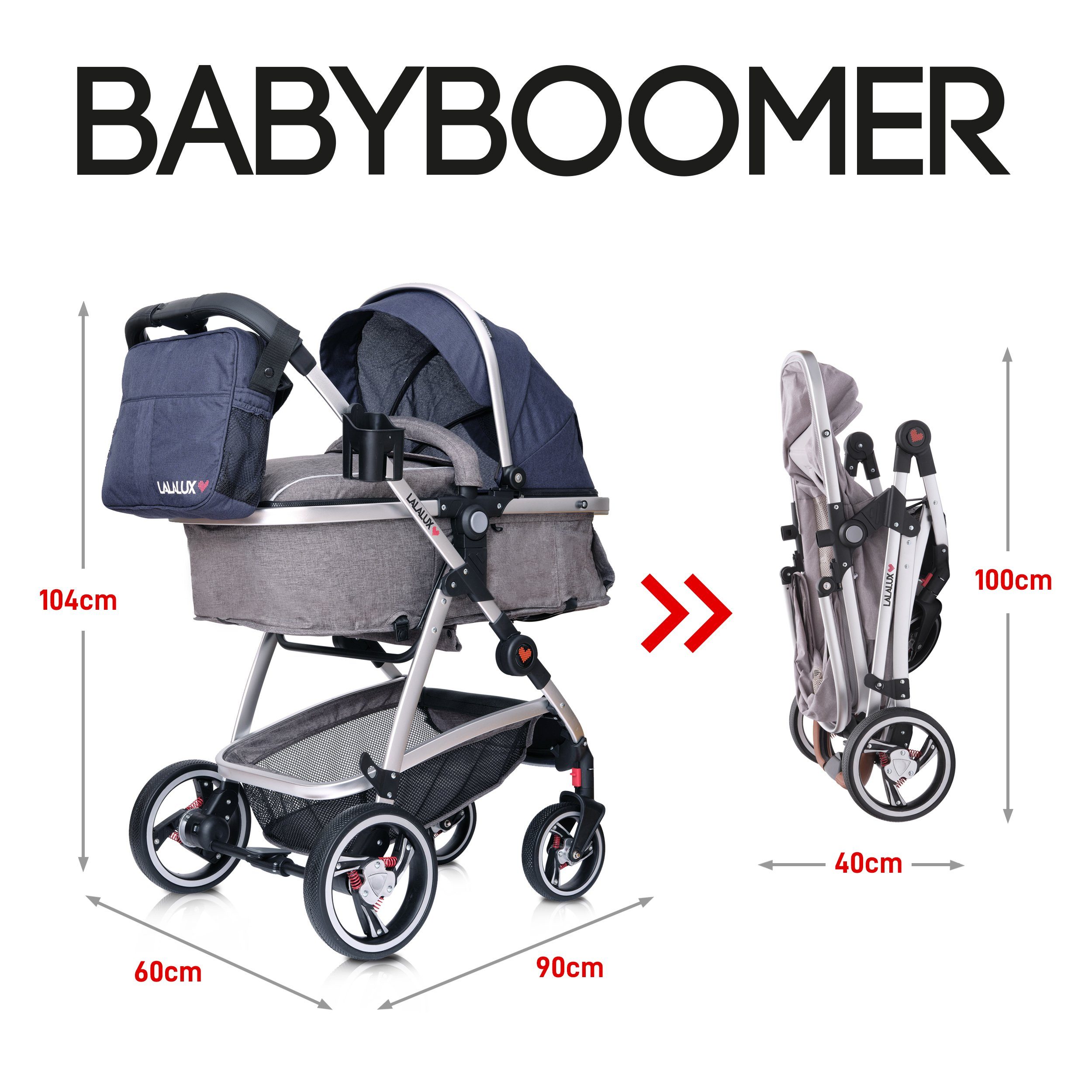 Lalalux Kombi-Kinderwagen Kinderwagen Babyboomer, 3 in 1 Kombi-Kinderwagen, aus wetterfestem und atmungsaktivem Material
