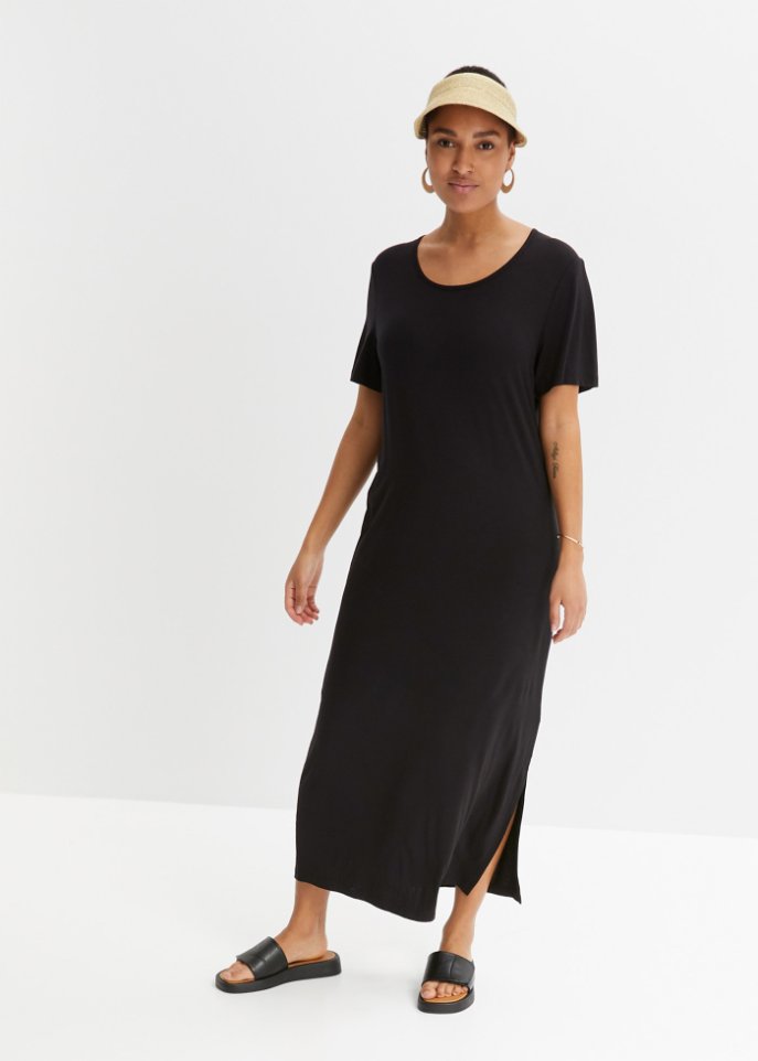 Bequem geschnittenes Shirt-Kleid mit Schlitz in Midi-Länge