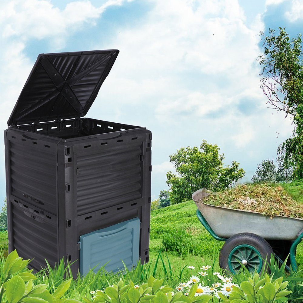 Melko Thermokomposter Schnellkomposter Thermokomposter Kompostbehälter 300L in Schwarz 61x61x83CM Garten Balkon Deckel Klappe Dunkelgrün Behälter Gartenkomposter Blätter Abfall Blumen Gemüse Obst Rasen, 300 l, (Stück), Schiebetür