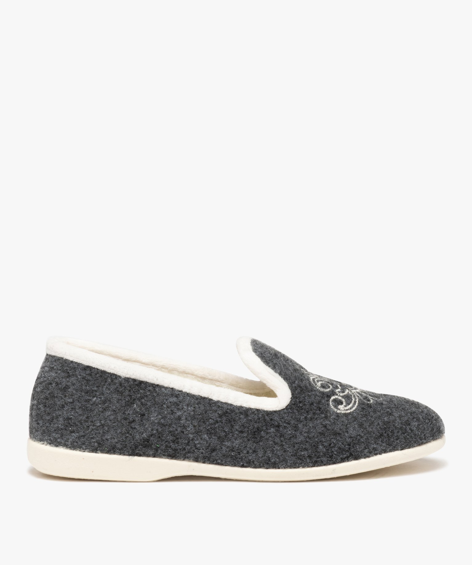 Chaussons femme pantoufles confort en feutrine brodée gris | GEMO