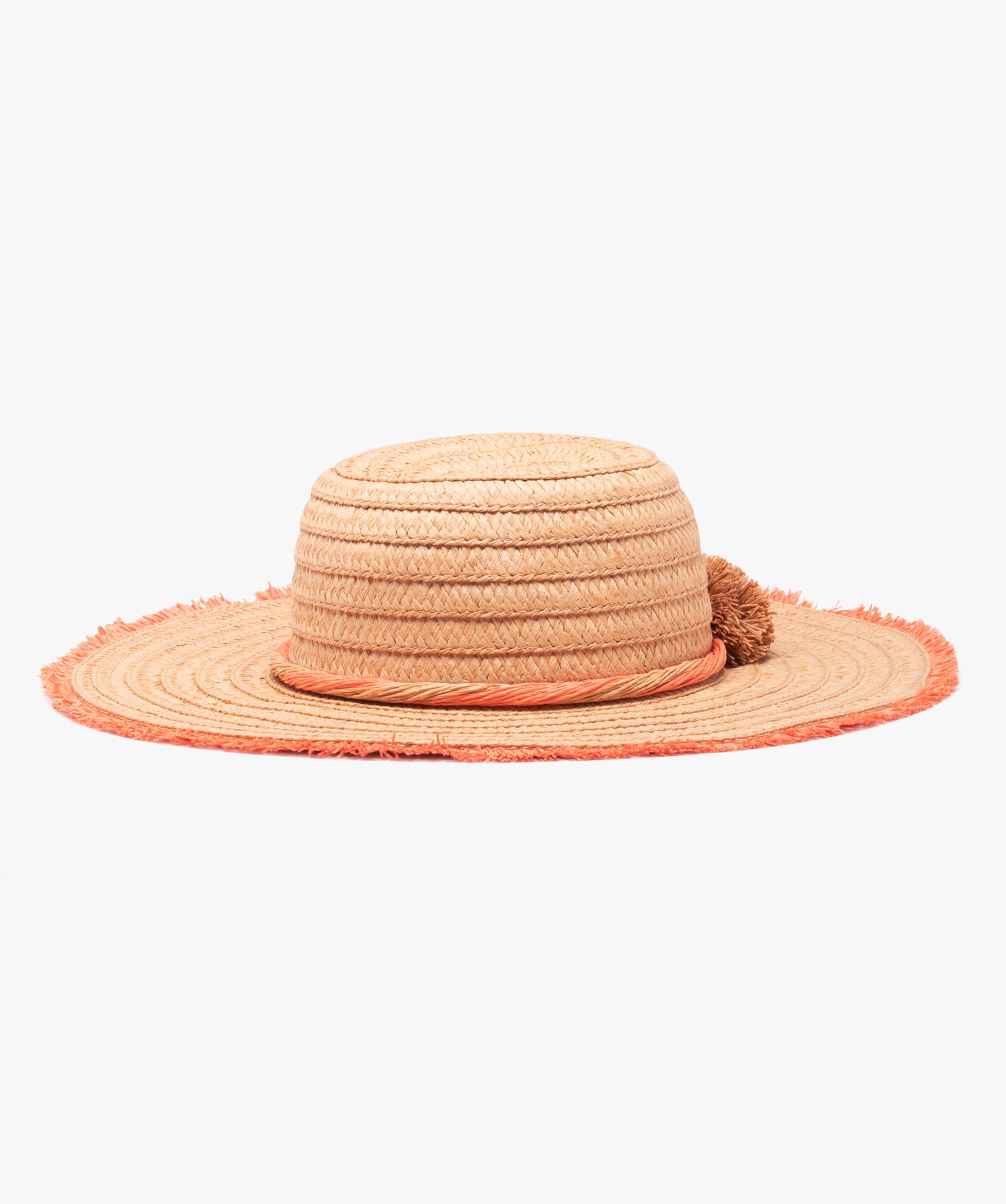 Chapeau femme en paille avec pompons et franges beige | GEMO