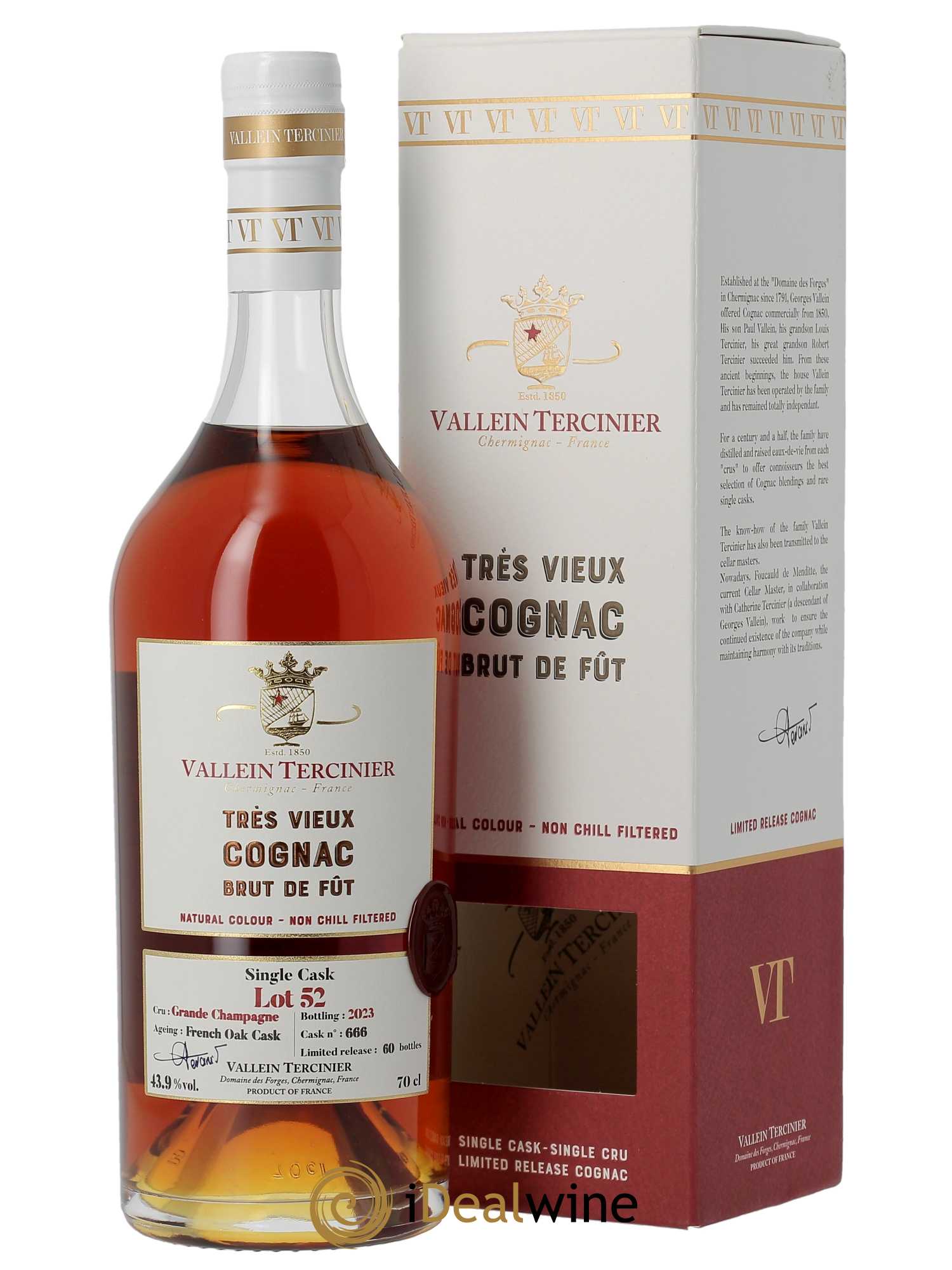 Cognac Vallein Tercinier Lot 52 Grande Champagne   - Lot de 1 Bouteille