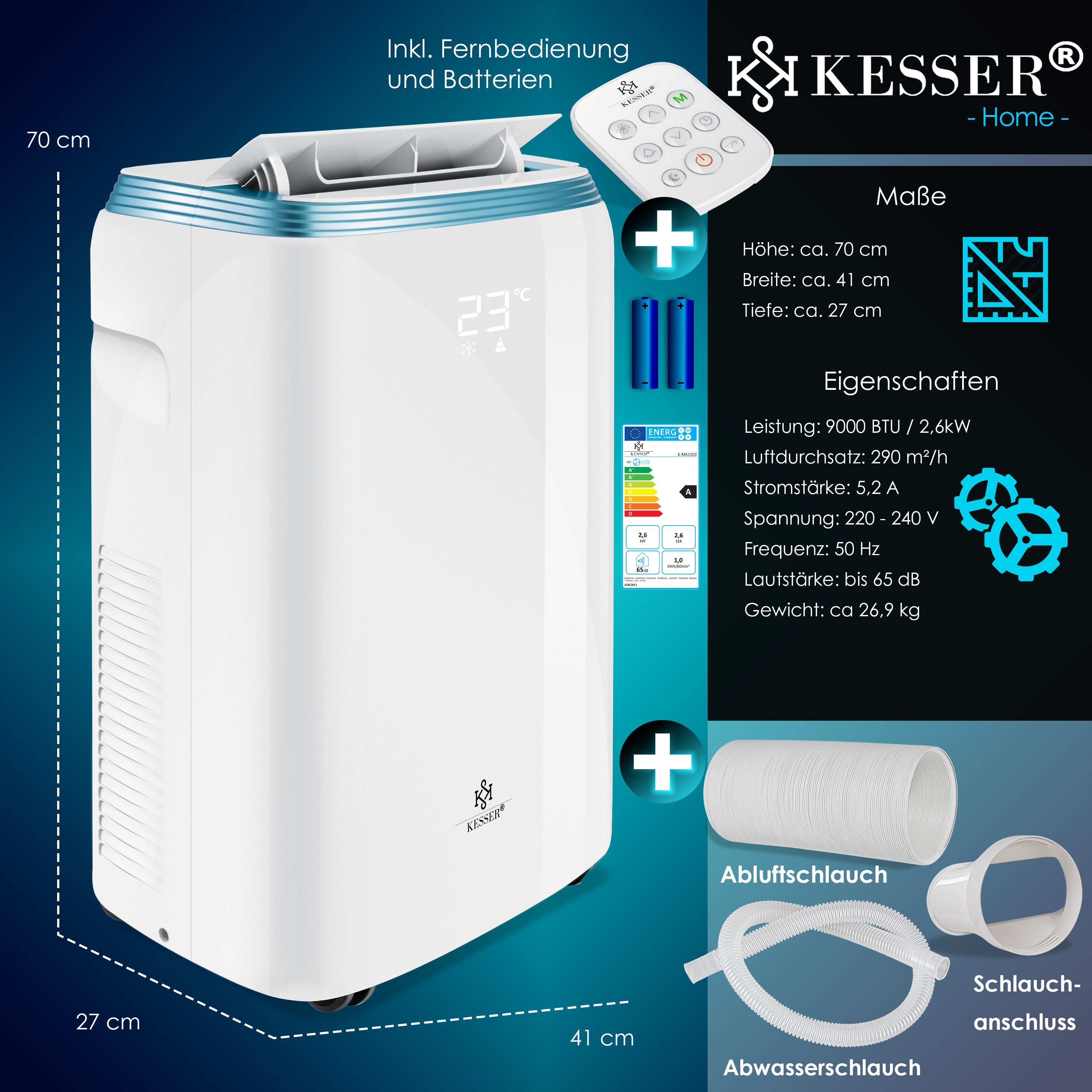 KESSER Klimagerät, Klimaanlage mit Touch-Display - 4 Mod - Timer und Nachtmodus