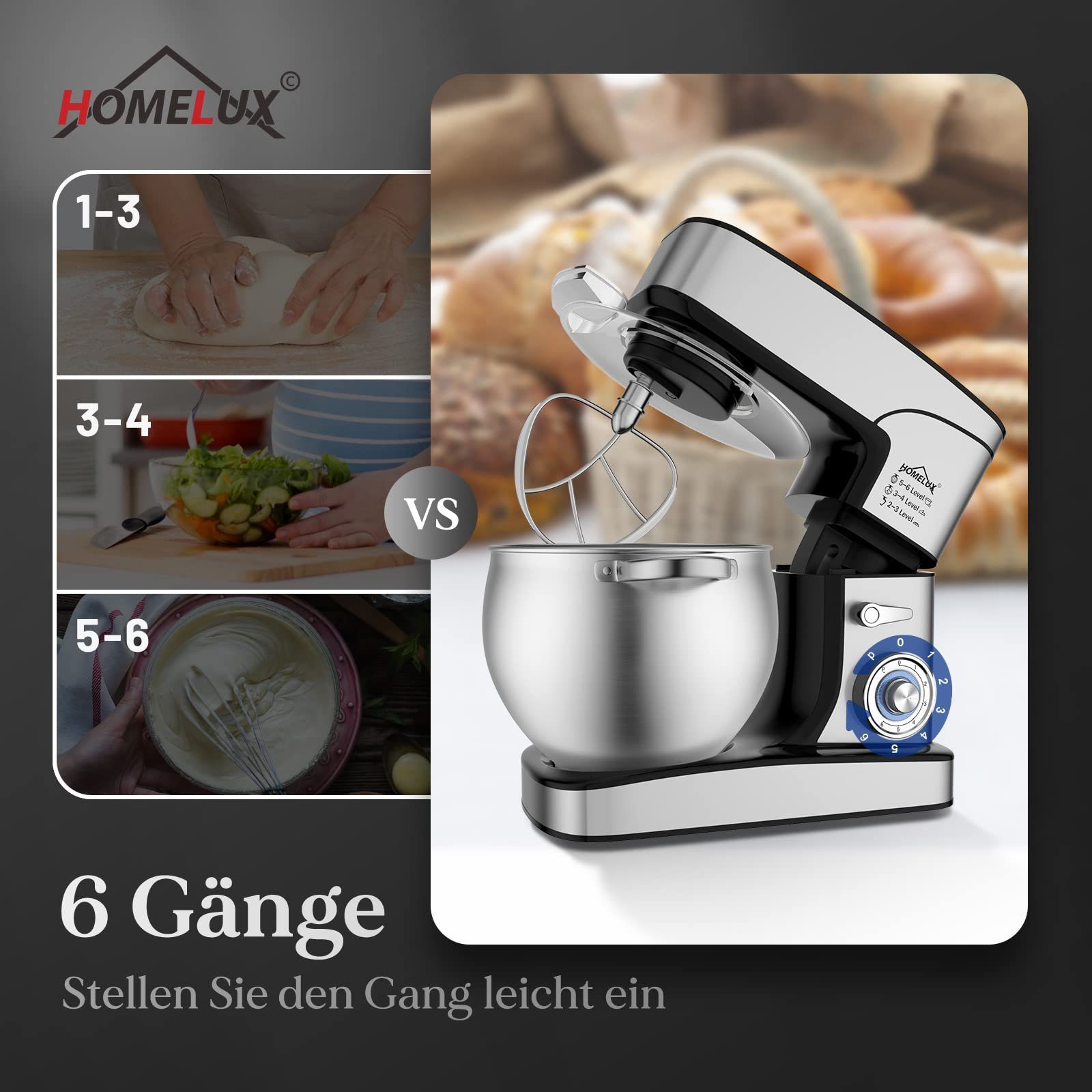 HOMELUX Küchenmaschine 12 L Küchenmaschine, Teigmaschine,6 Geschwindigkeiten, Knetmaschine, 2500,00 W, 12,00 l Schüssel, inkl 3-Teiligem Patisserie-Set und Spritzschutz, mit Edelstahlschüssel