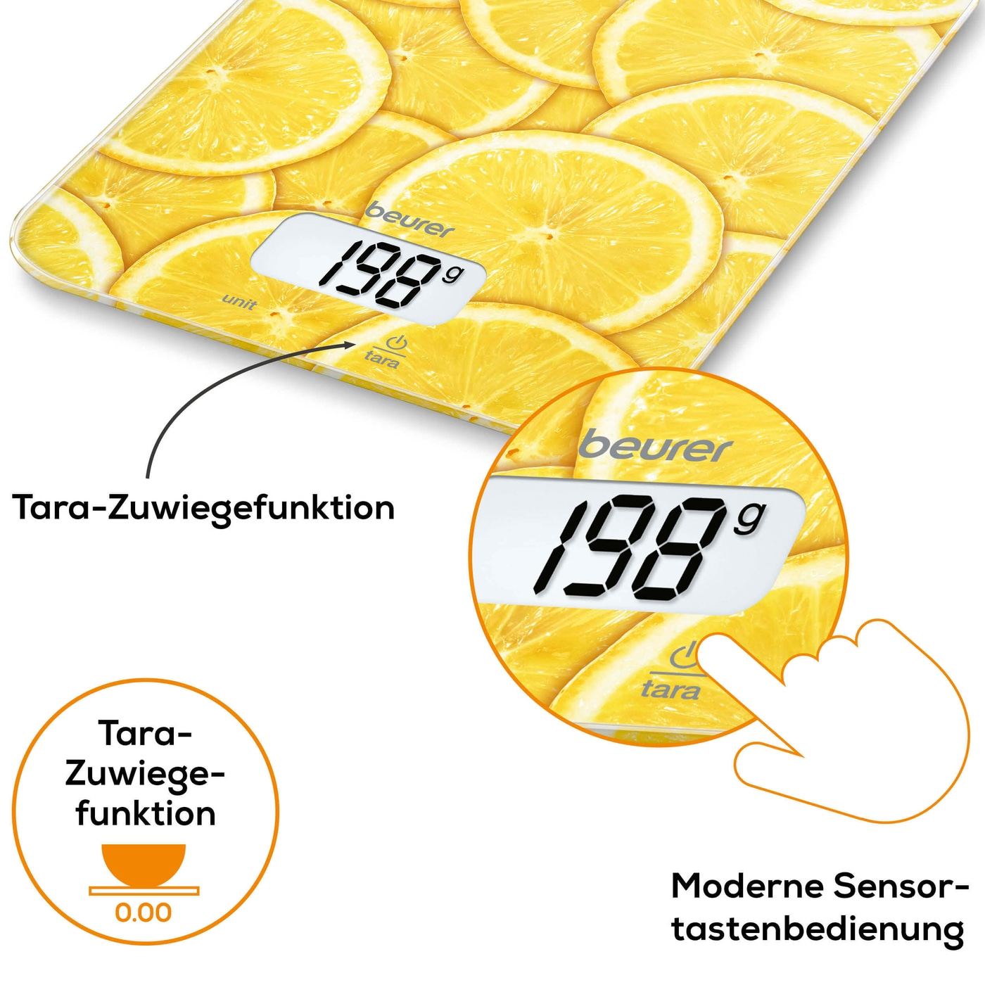 Beurer Küchenwaage KS 19 Lemon-Küchenwaage mit stylischer Glasoberfläche & Tarafunktion