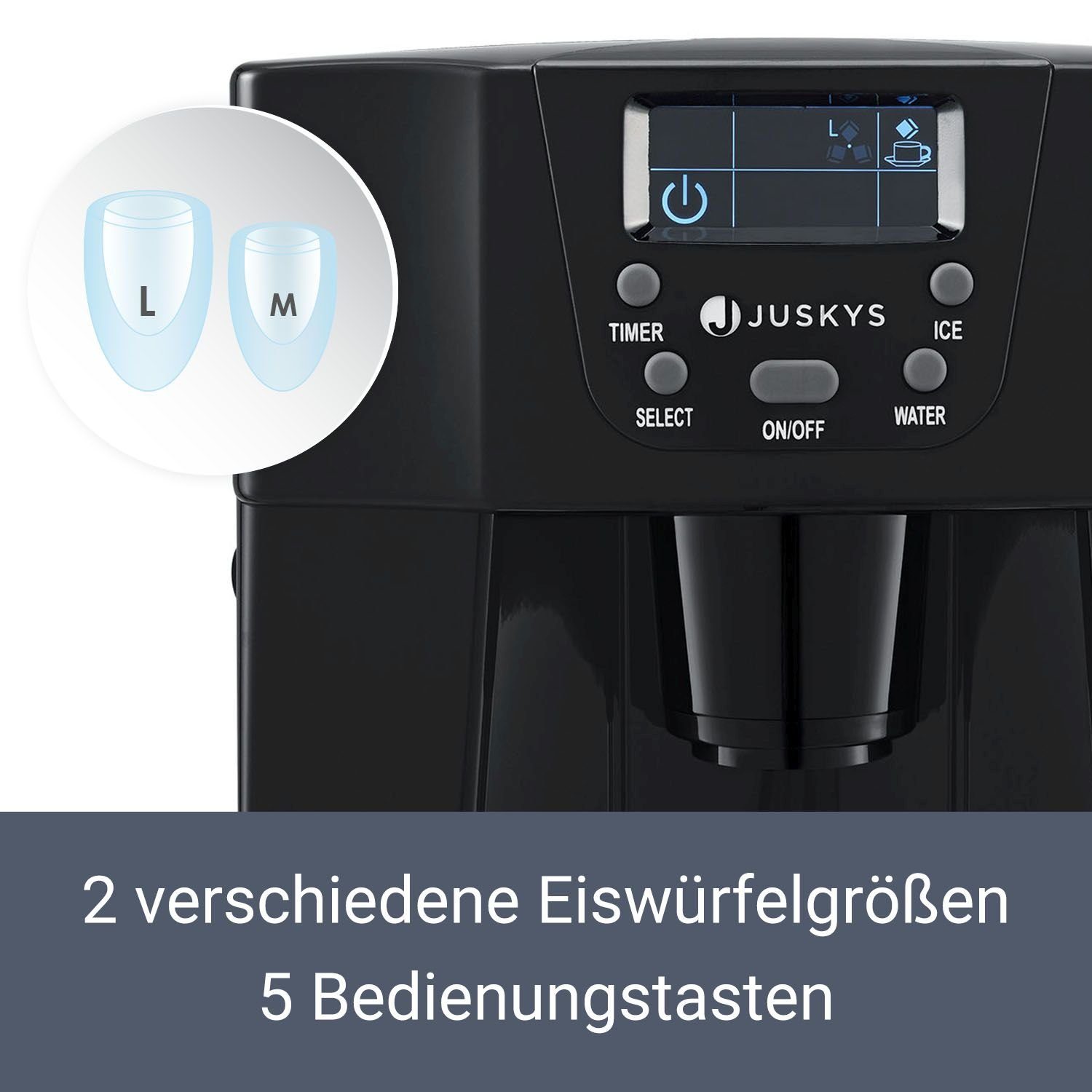Juskys Eiswürfelmaschine PIM200L, Eiswürfel in 6 - 10 min, 12 kg in 24 h, Timer und Kaltwasserausgabe