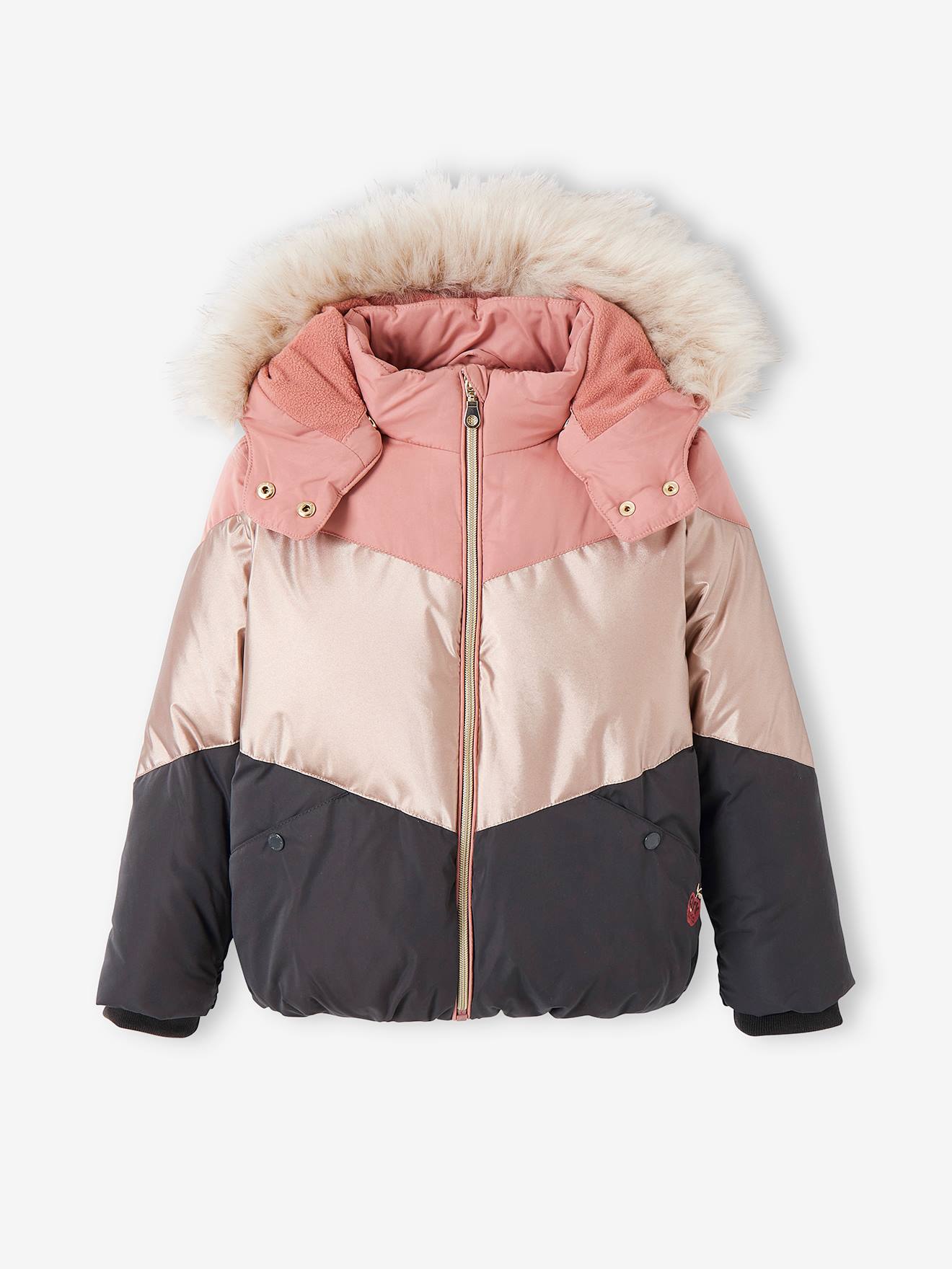 Doudoune à capuche colorblock fille doublée maille polaire rose fumé