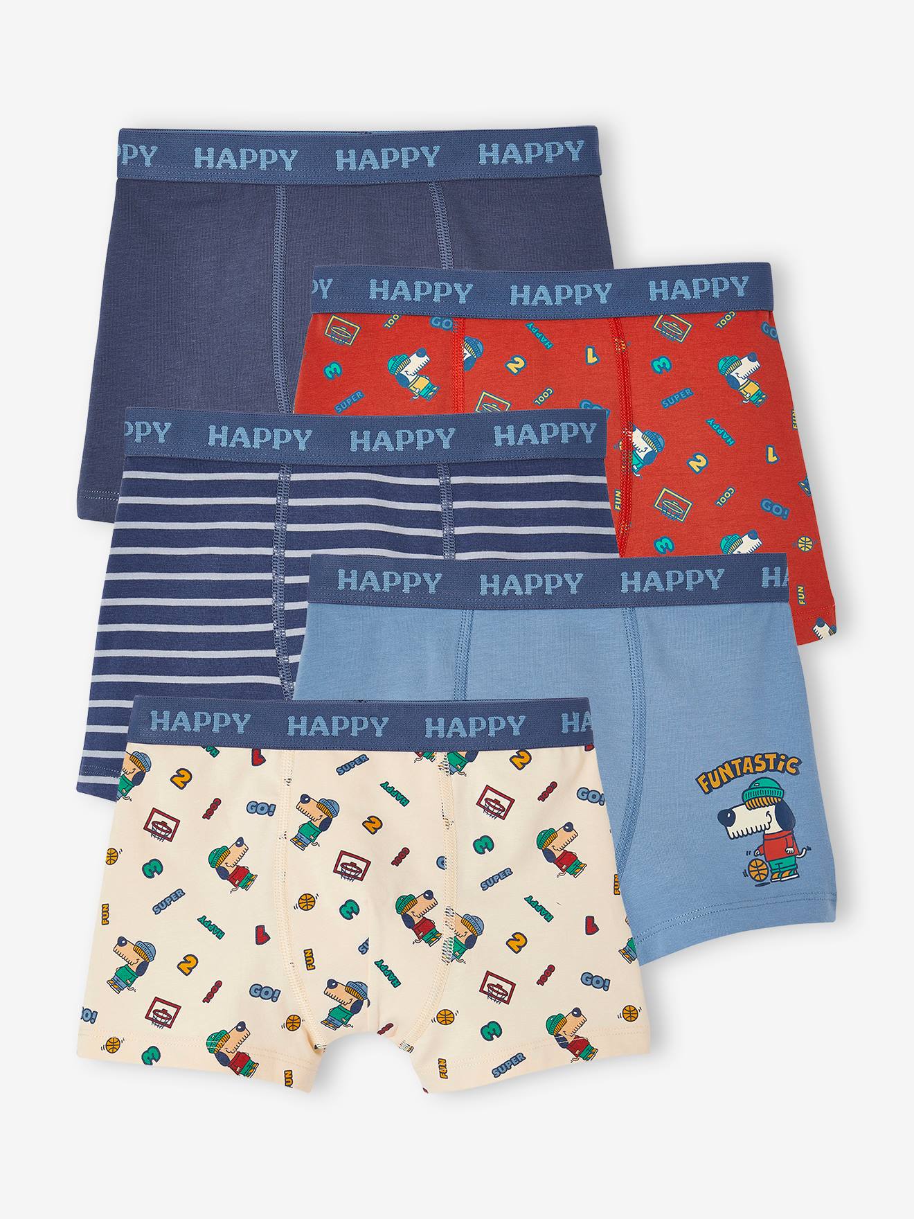 Vertbaudet 5er-Pack Jungen Stretch-Boxershorts, Hund - graublau