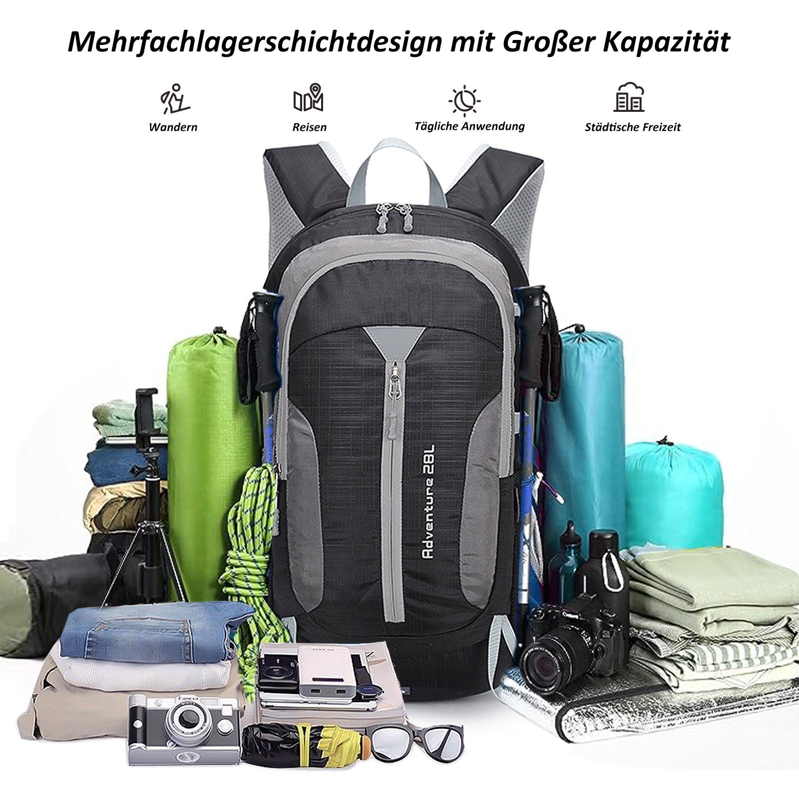 TAN.TOMI Wanderrucksack Kletterrucksack Wanderrucksack Damen Herren 28L Rucksack Wasserdicht, Für Sports/Outdoor/Klettern/Camping/Fahrrad Trekkingrucksack