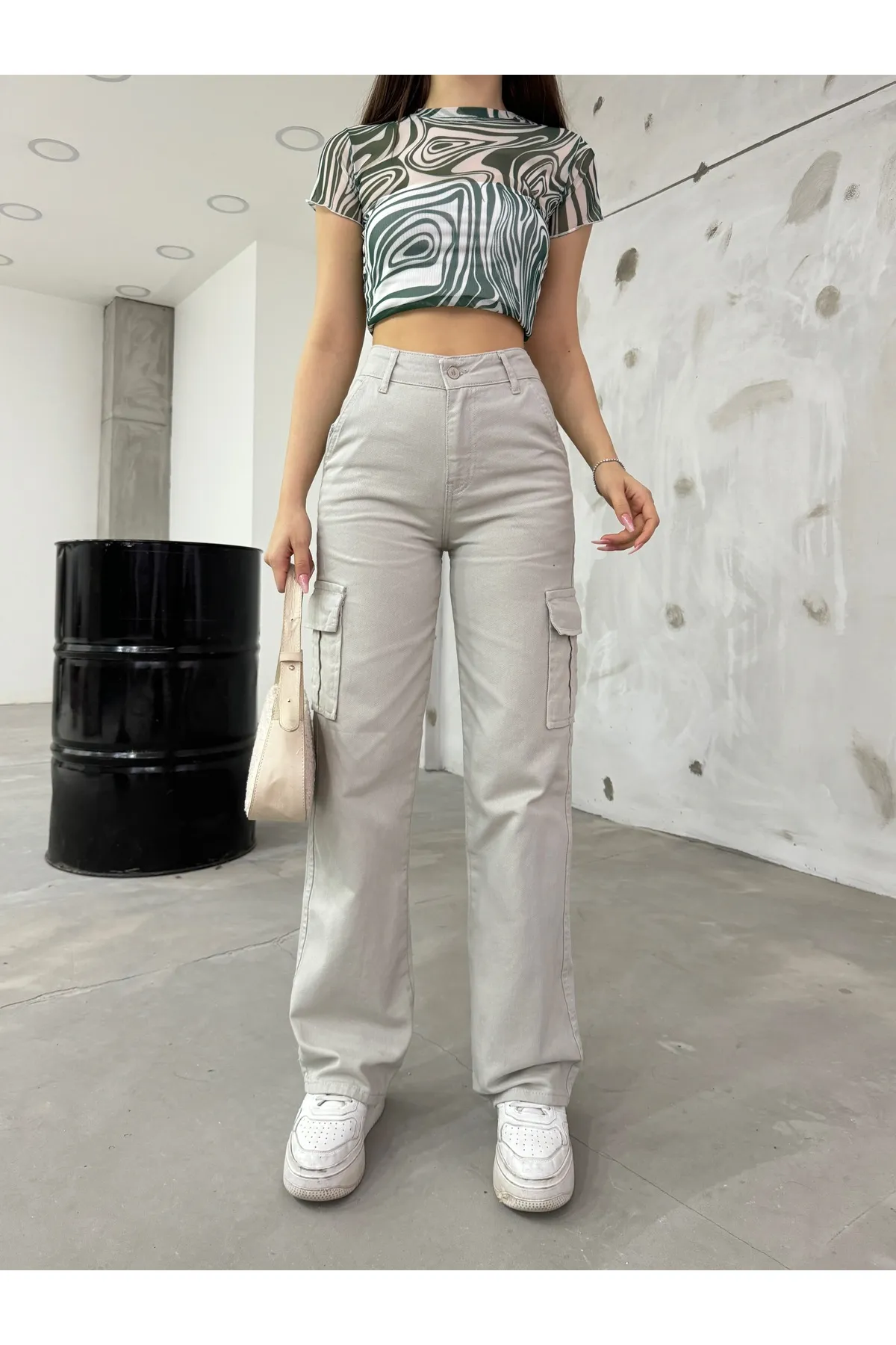 BİKELİFE  Steinige Cargohose für Damen mit hoher Taille und weitem Bein