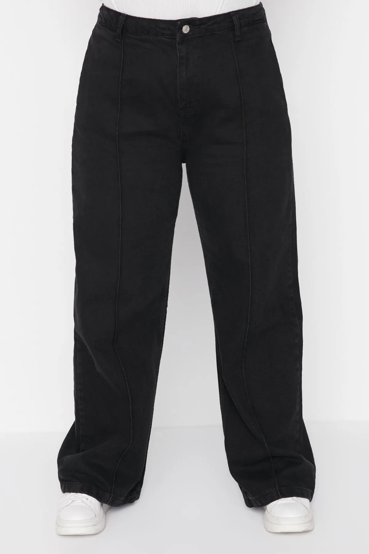 Trendyol Curve  Anthrazitfarbene, gerippte, weit geschnittene Jeans mit hoher Taille TBBAW23CJ00013