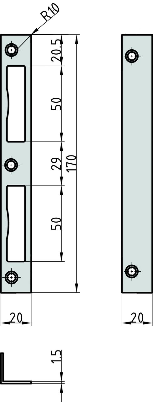 Basi Winkelschliessblech - WS 95 - verzinkt - käntig - 20x20x170 mm - Rechts/Links verwendbar