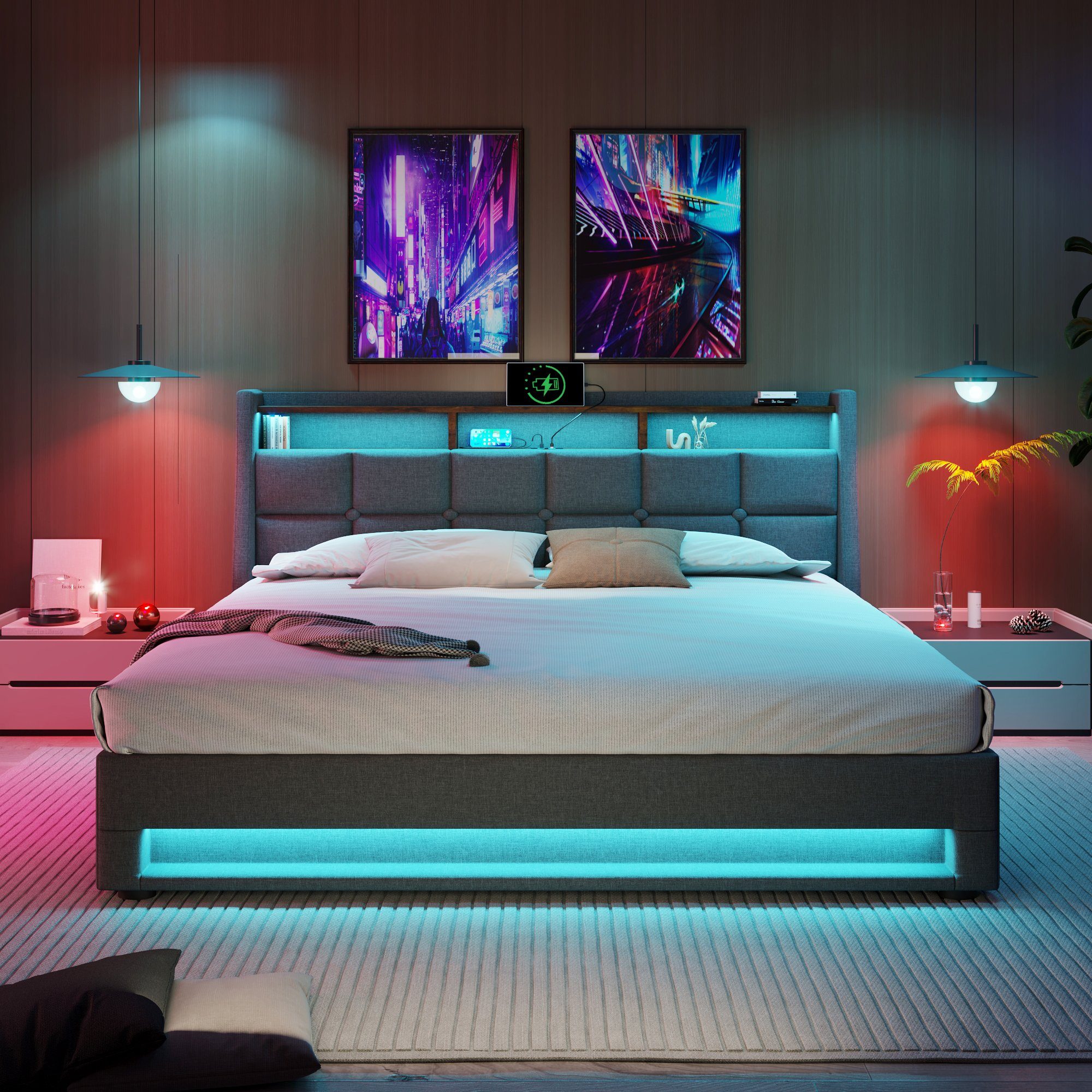 OKWISH Polsterbett Bett (LED Doppelbett Jugendbett mit USB/Typ-C Ladeanschluss), 160 x 200 cm Inklusive Matratze