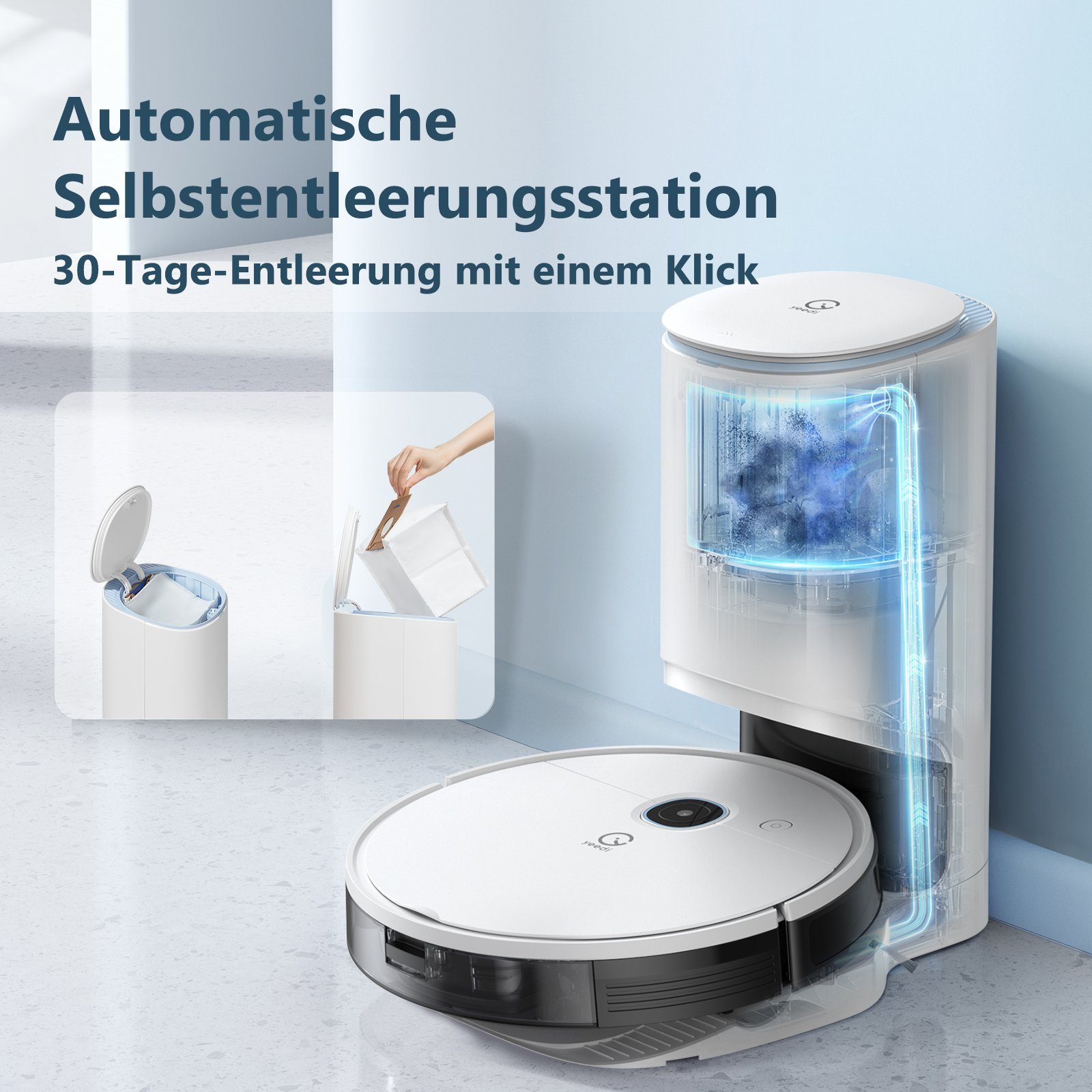 YEEDI Nass-Trocken-Saugroboter Vac Station, mit Absaugstation, 3-in-1-Funktion, App-/Sprachsteuerung, 69,00 W, beutellos, 200 min Laufzeit, 3000 Pa Saugleistung, Raumkarte, Teppicherkennung