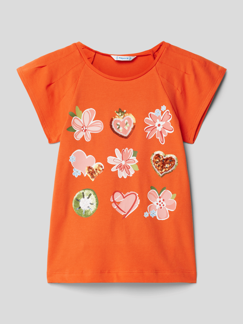 T-Shirt mit Paillettenbesatz in orange