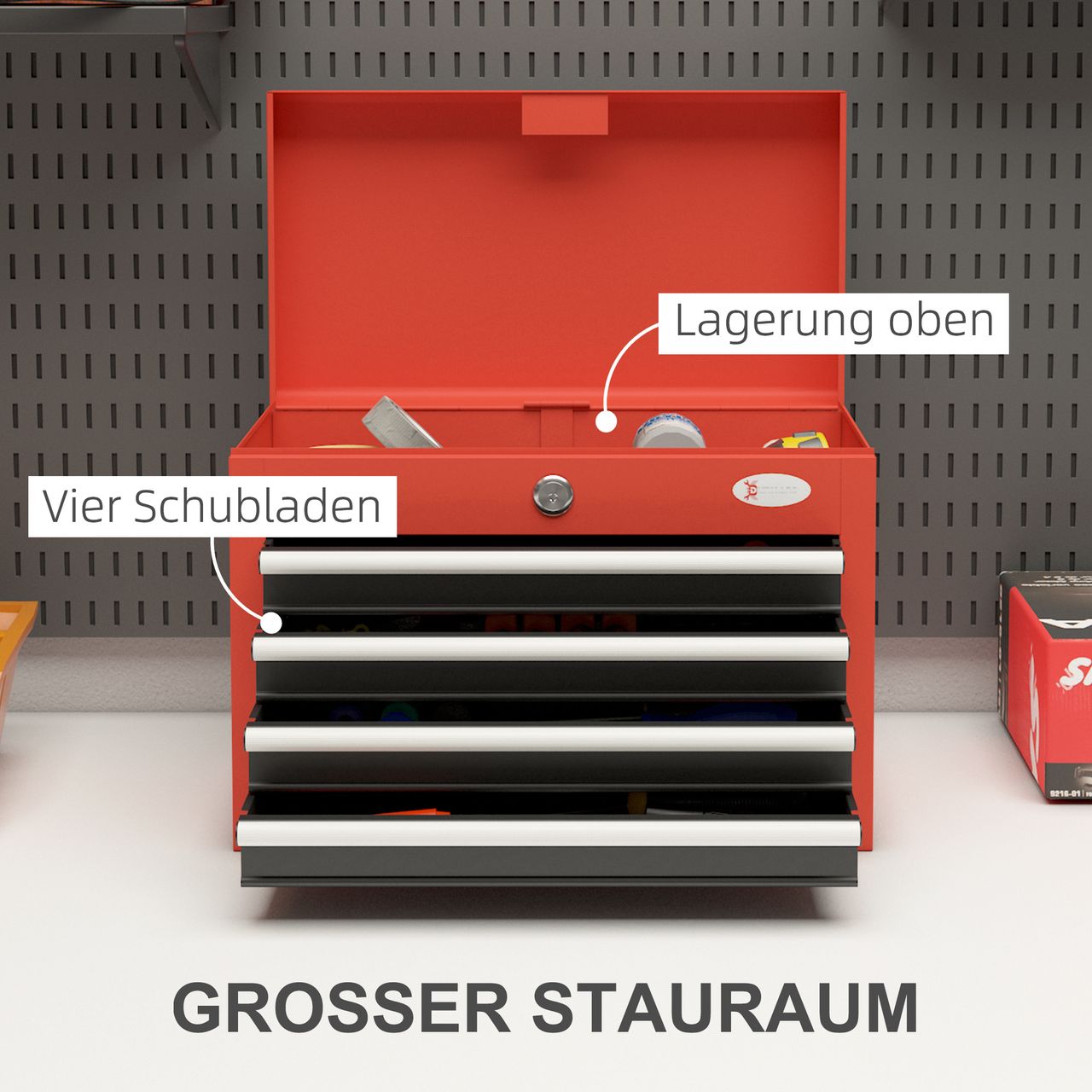 DURHAND Werkzeugkasten, Werkzeugkoffer, Werkzeugbox mit 4 Schubladen, Stahl, Rot