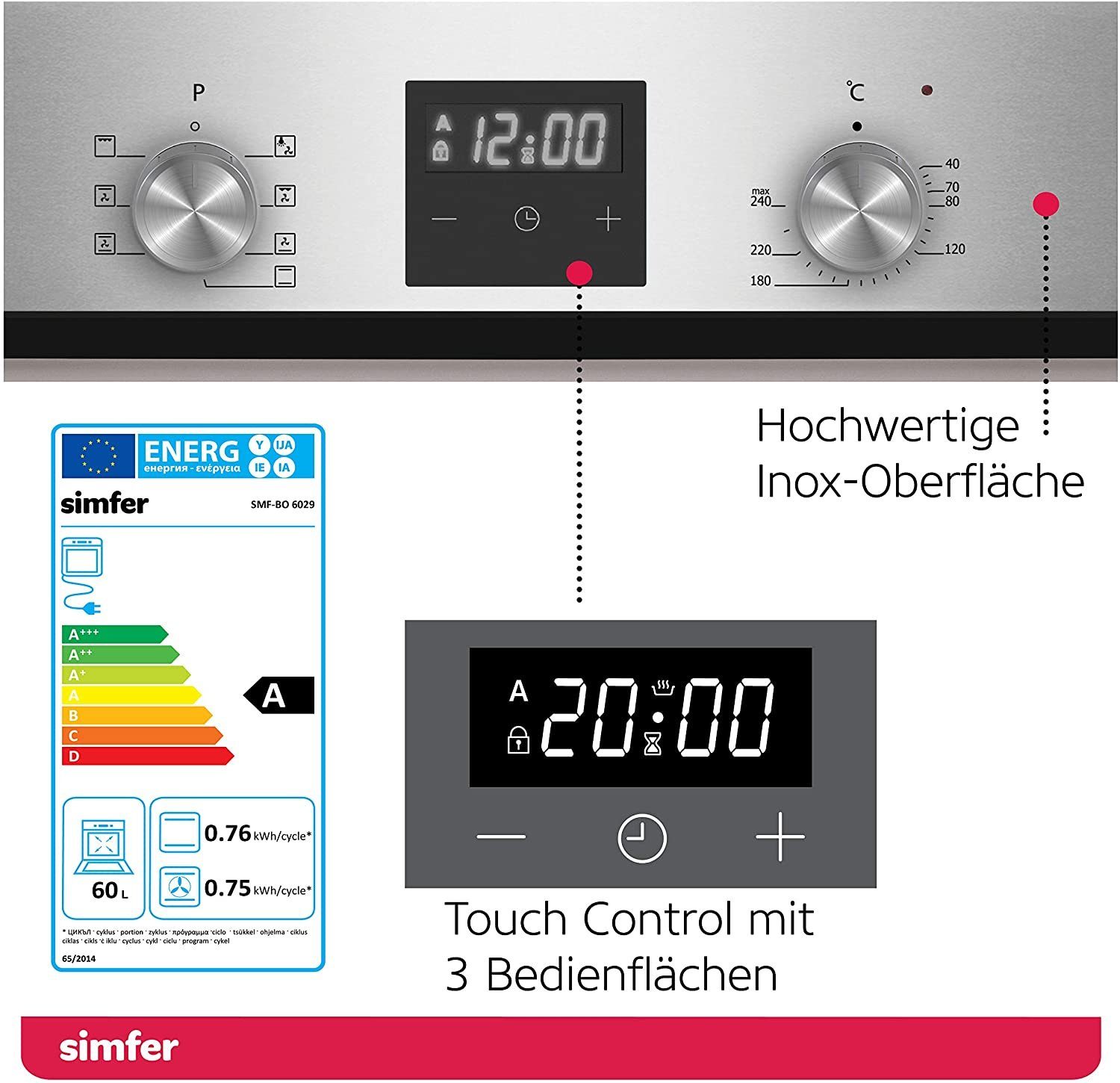 Simfer Einbaubackofen SMF-BO 6029, 60 Liter, 7 Funktionen, 60 cm, 2-fach Verglasung, mit Teleskopauszug nachrüstbar, Digitaler Timer mit Touch Control, Seitengitter, Emaillierter Garraum