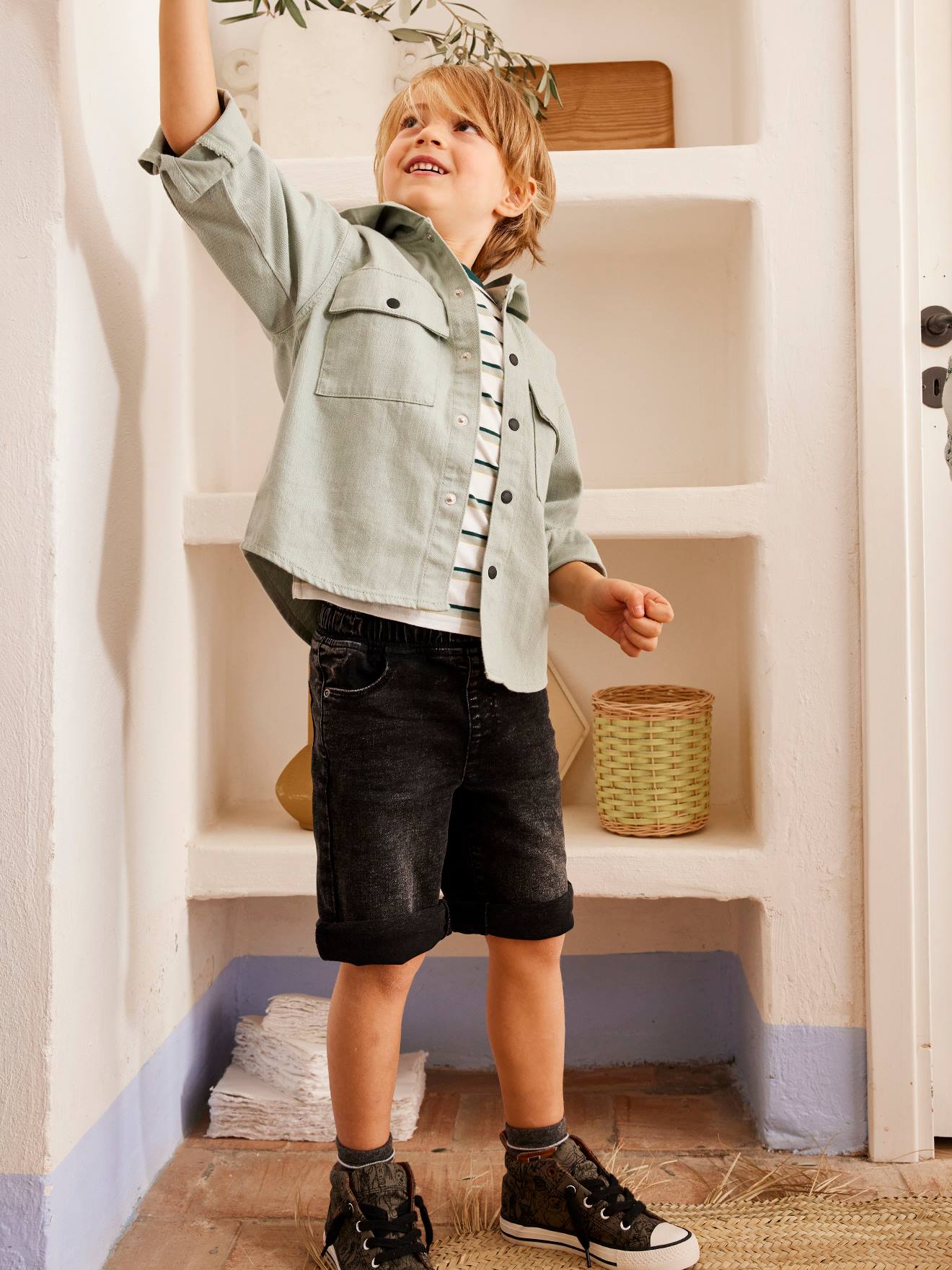 Vertbaudet Jungen Stoff-Sneakers mit Gummizug - khaki bedruckt