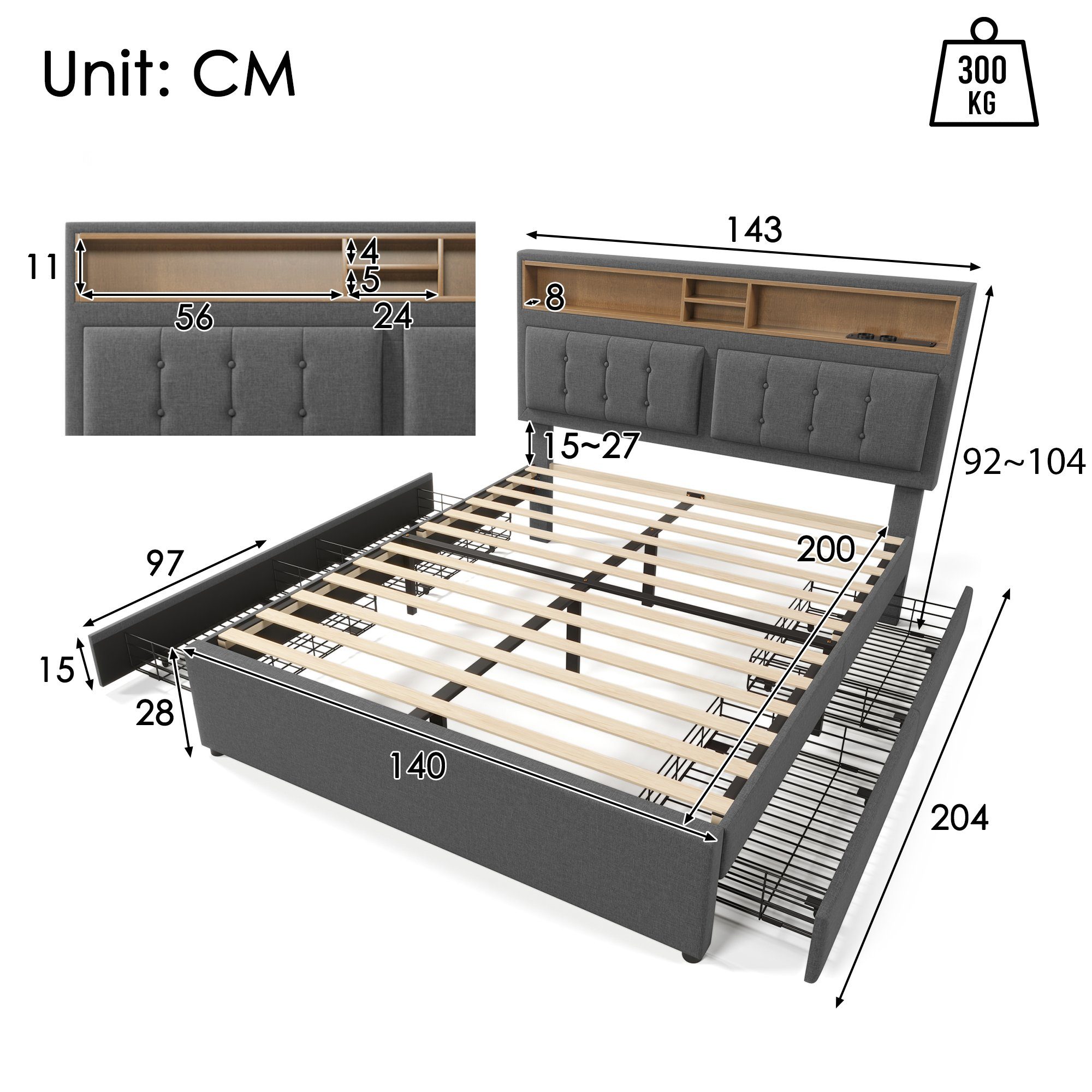 REDOM Polsterbett Doppelbett (mit USB/Typ-C Ladefunktion + 4 Schubladen 140x200cm Leinen), Inklusive Matratze