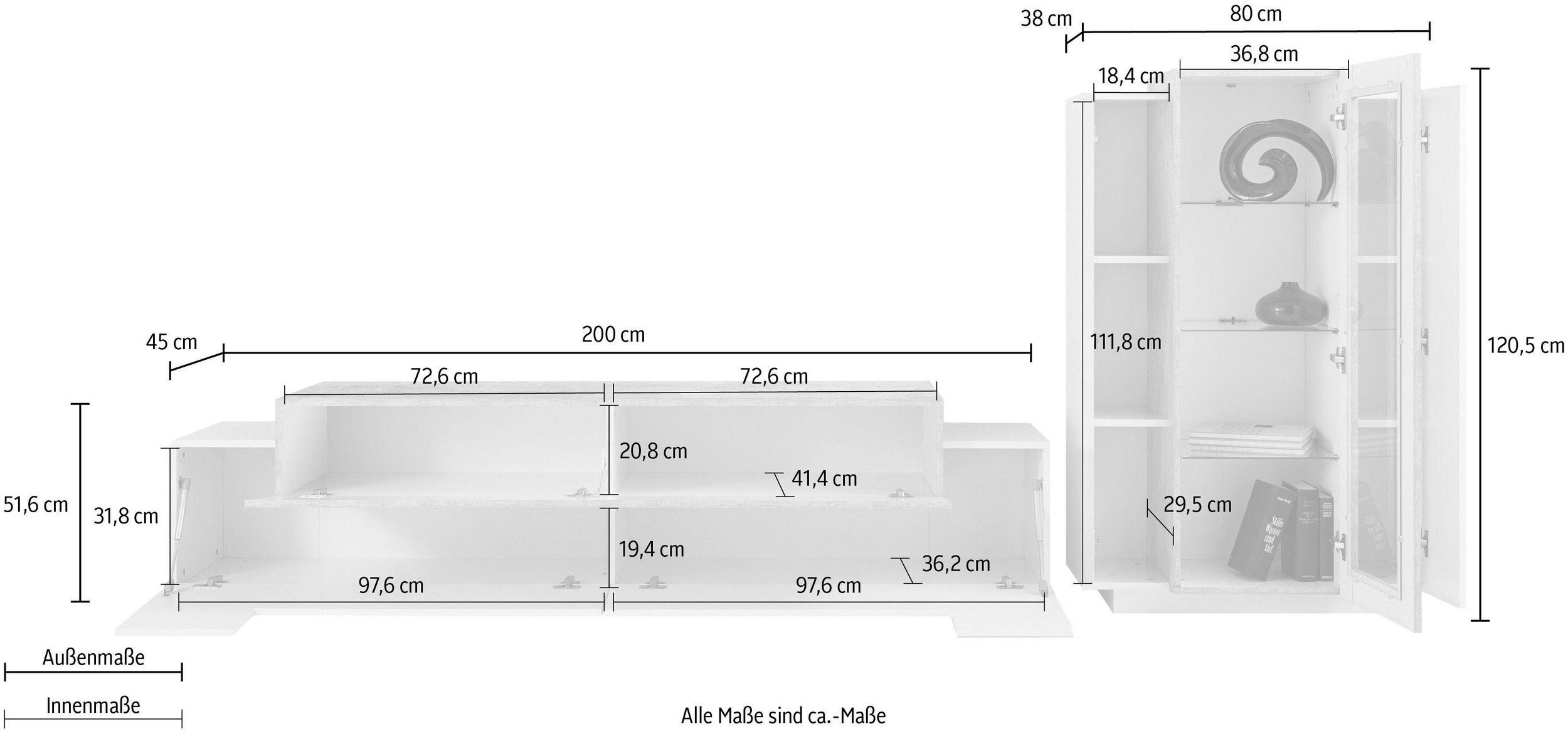 möbelando Wohnwand Corona, (BxHxT: 280x120,5x45 cm), in weiß/weiß Hochglanz mit 3 Türen und 4 Einlegeböden
