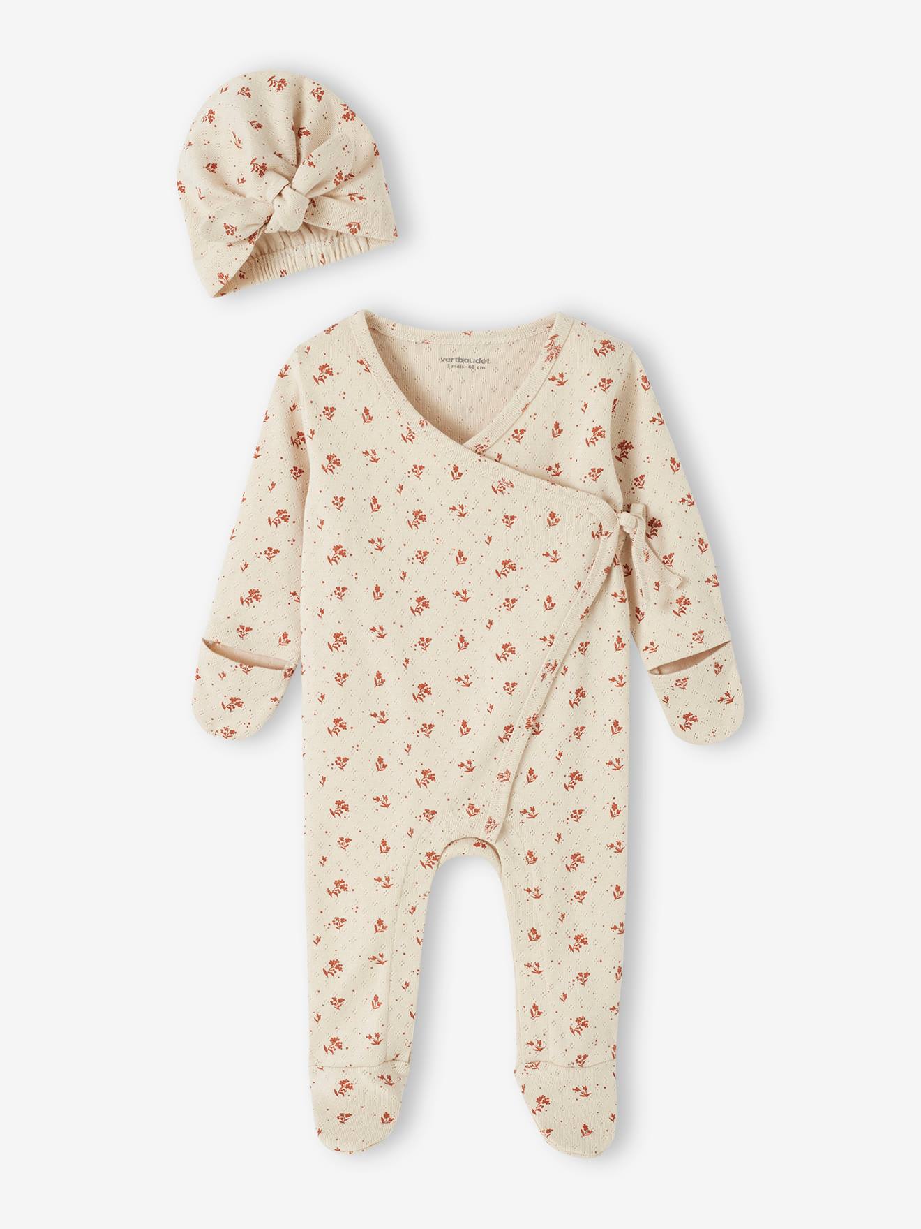 Combinaison en maille pointelle bébé bonnet assorti gris perle
