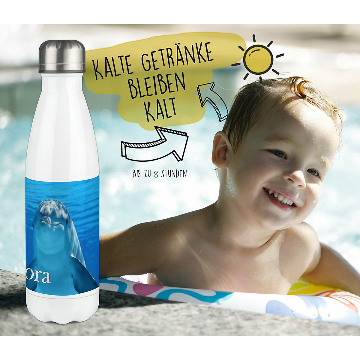 Edelstahl Kinder Thermoflasche / Trinkflasche bunt Delfin Spülmaschinenfest, Auslaufsicher, Bruchfest, Doppelwandig, Für Heißgetränke geeignet, Mit Deckel, Isoliert