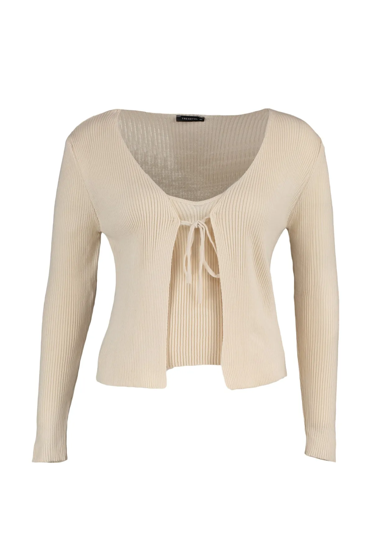Trendyol Curve  Beigefarbenes Set aus Feinstrick-Cardigan und Unterhemd mit Krawatte und V-Ausschnitt