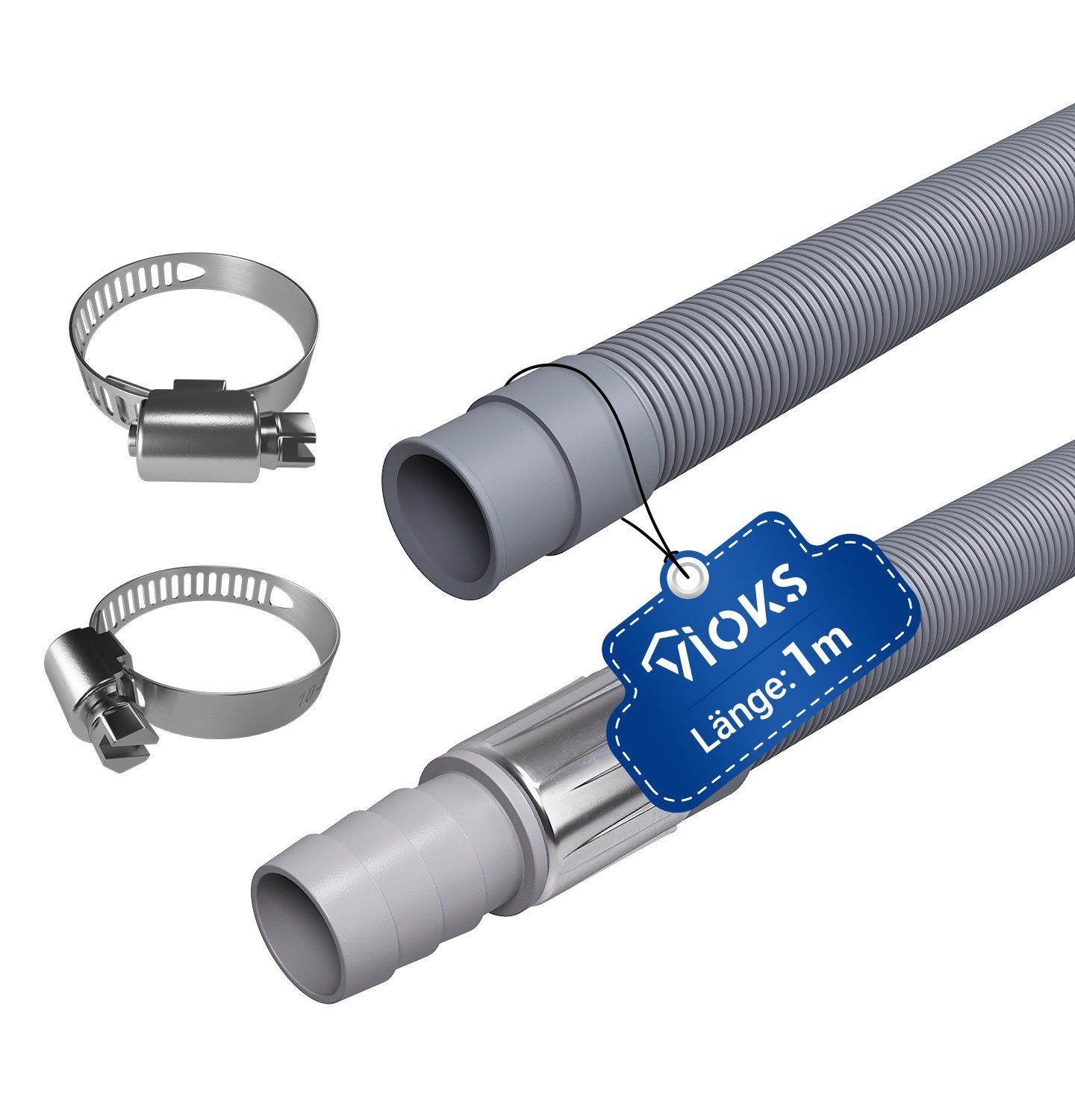 VIOKS Ablauf-Schlauchverlängerung SET: 1x Schlauchverlängerung plus 2x Schlauchschellen, Zubehör für Waschmaschine, Spülmaschine, Schlauch Länge 1 m / 2 m / 2,5 m
