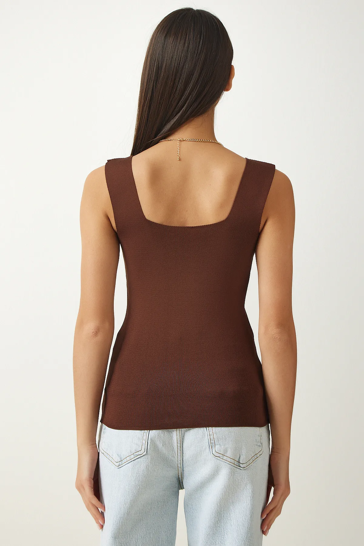 Happiness İstanbul  Damen-Strickbluse mit quadratischem Kragen, braun, kurz geschnitten, US00358