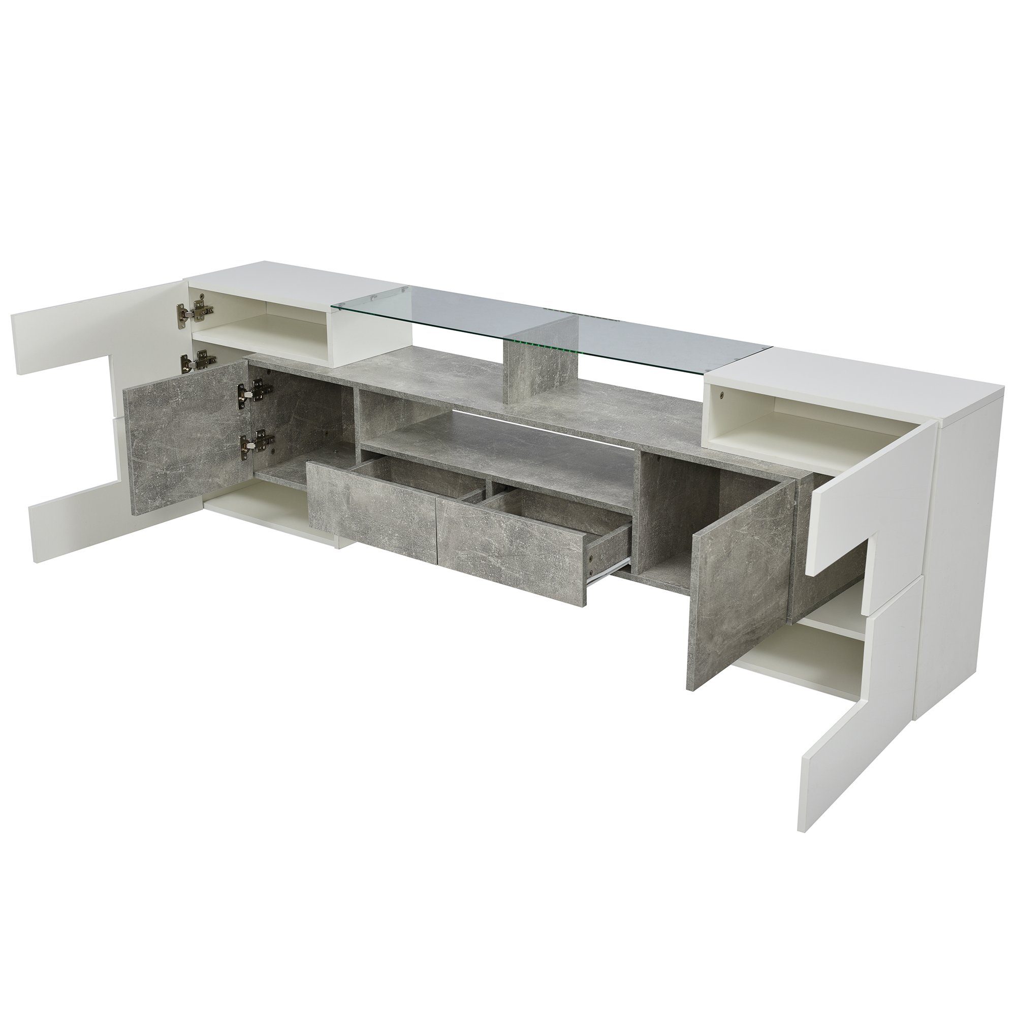 HAUSS SPLOE TV-Schrank TV-Schrank Fernsehtisch TV Board TV- Lowboard (1-St., Weiß, 200 cm) Elegante Glasoberfläche., LED-Beleuchtung