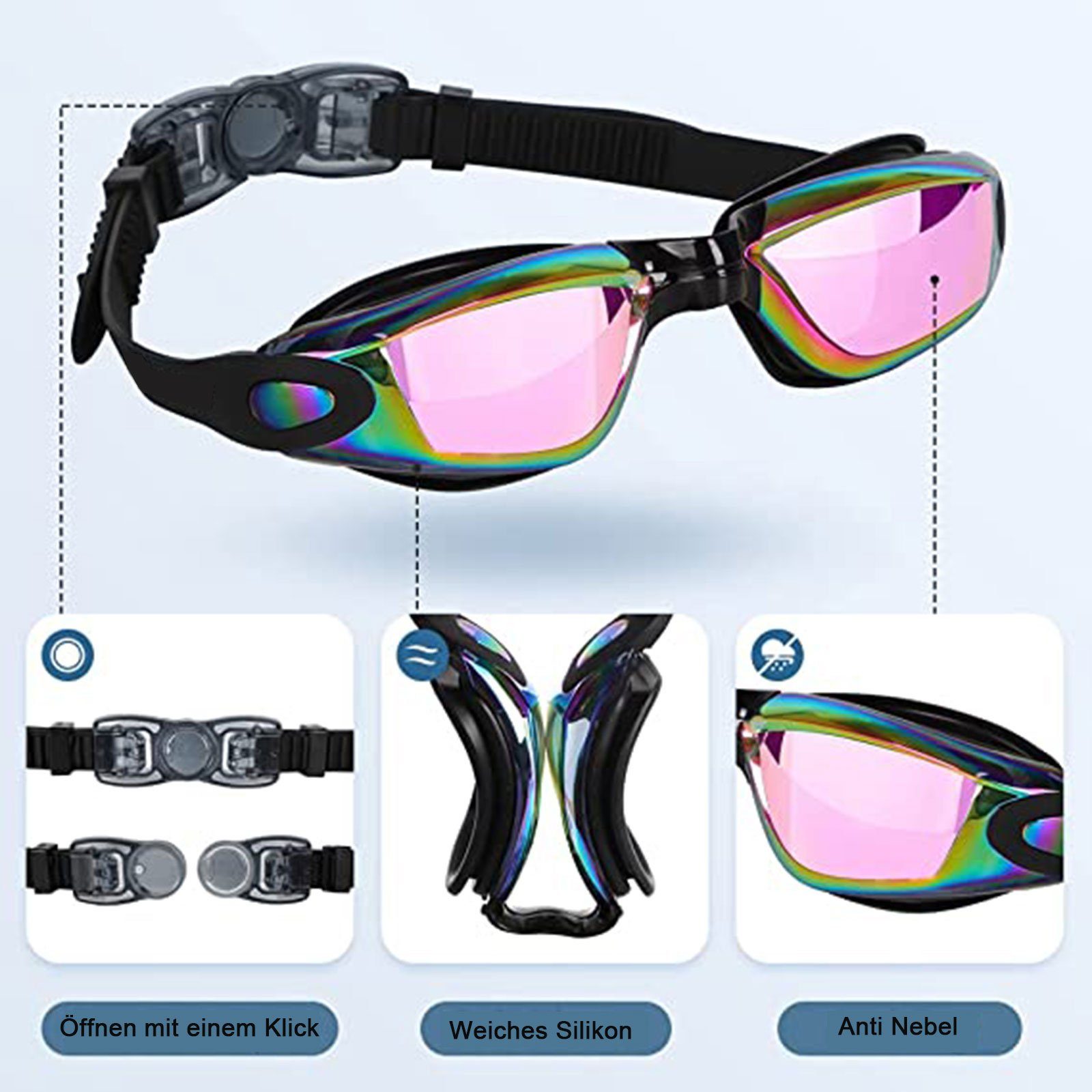 iceagle Schwimmbrille Schwimmbrille für Herren Damen Jugendliche Taucherbrille, (Verstellbare Silikon Riemen Schwimmbrillen), Anti-Beschlag, UV-Schutz, klare Sicht