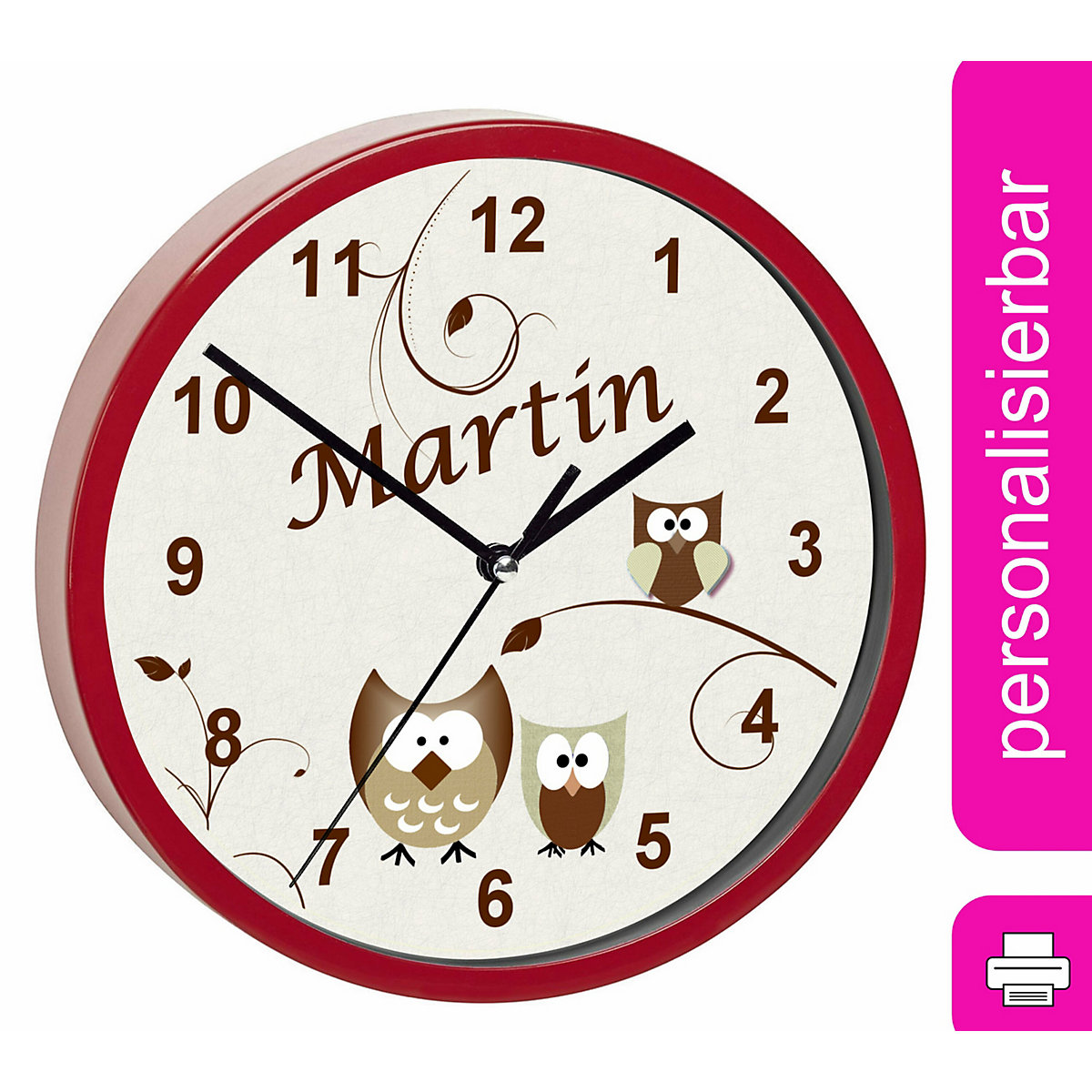 Kinder Wanduhr laufruhig personalisiert mit Name Eule Beige