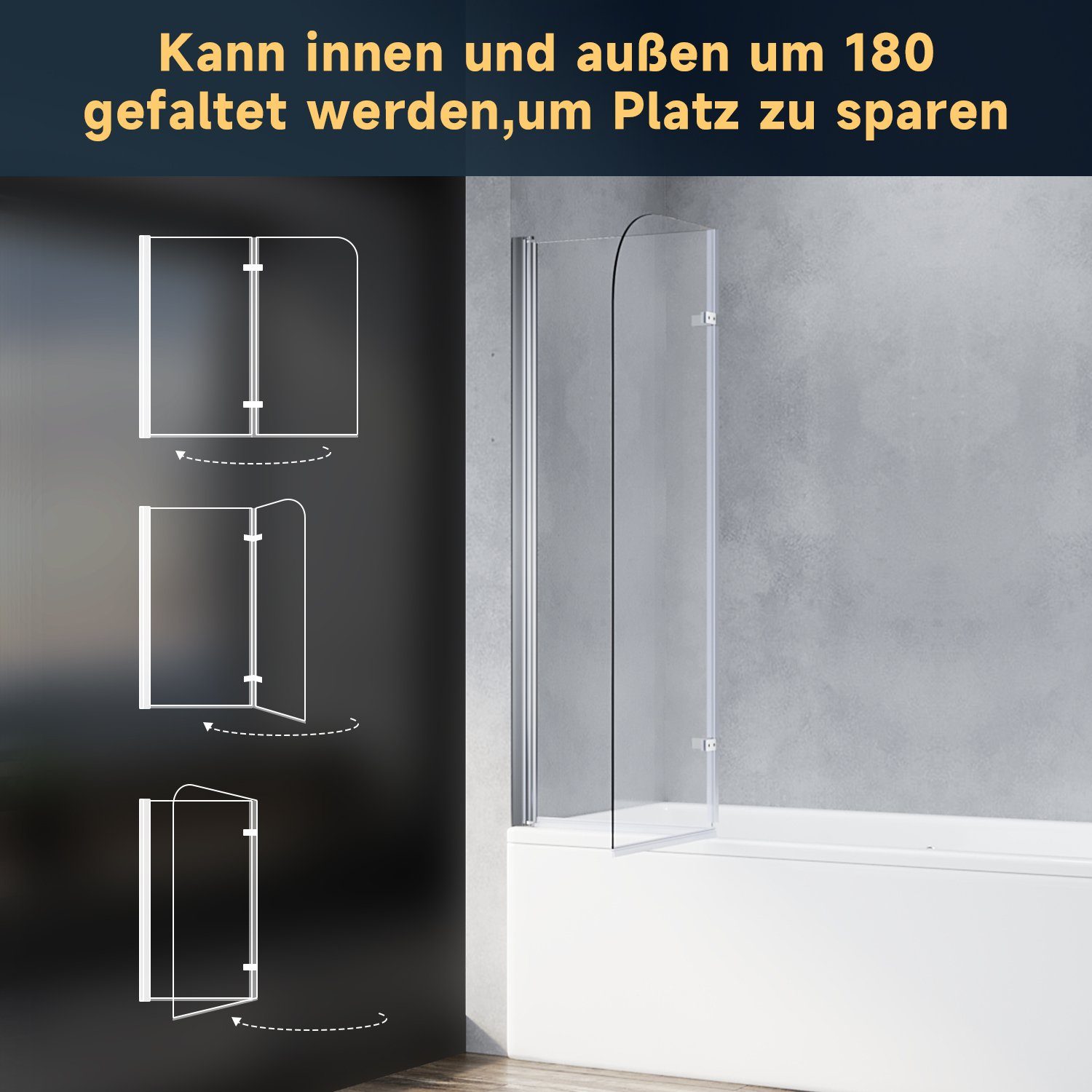 SONNI Badewannenaufsatz 2-fache Badewannenabtrennung, Nanobeschichtetes Glas, 100cmx130cm