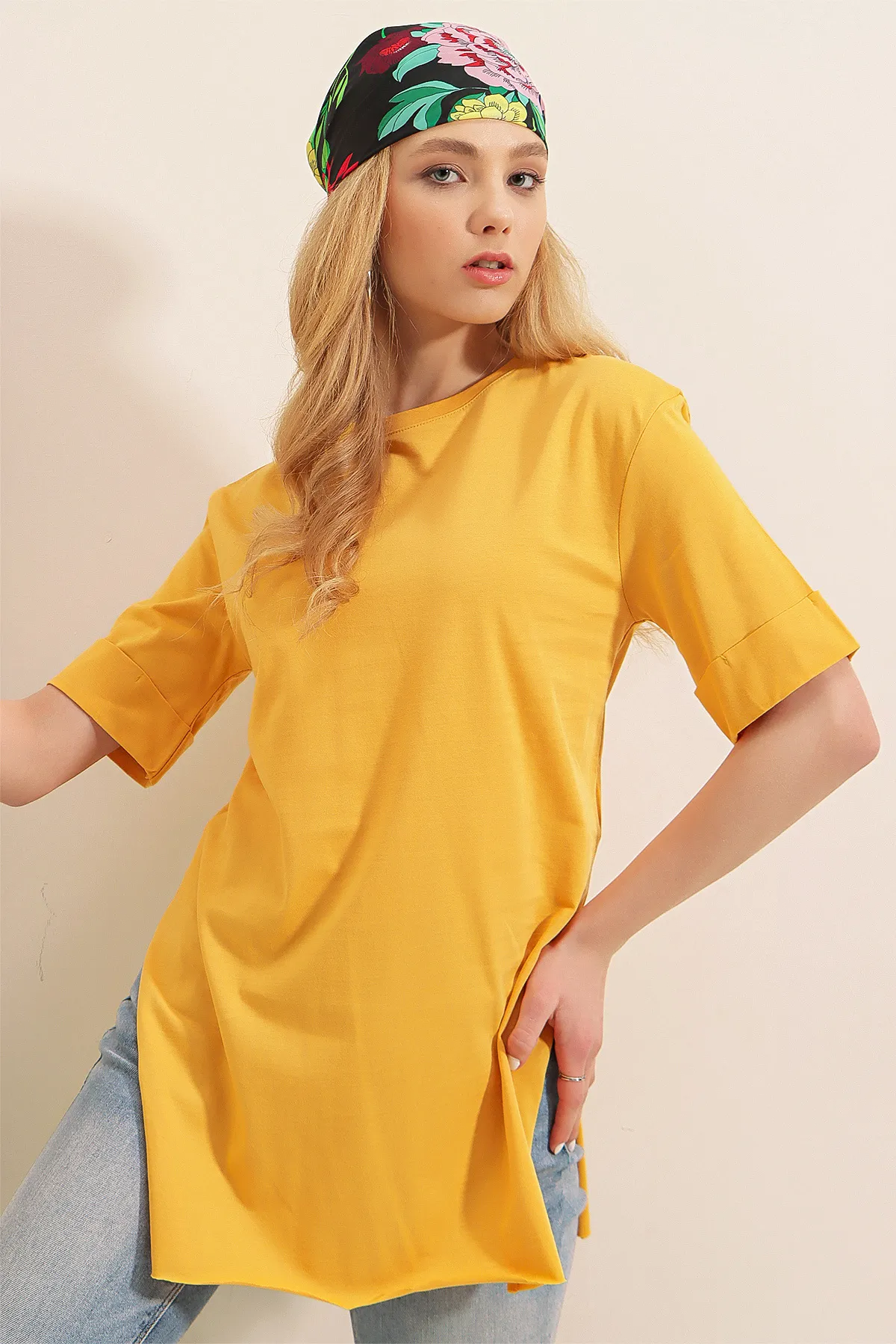 Bigdart  4123 Übergroßes T-Shirt mit Schlitz – Senf