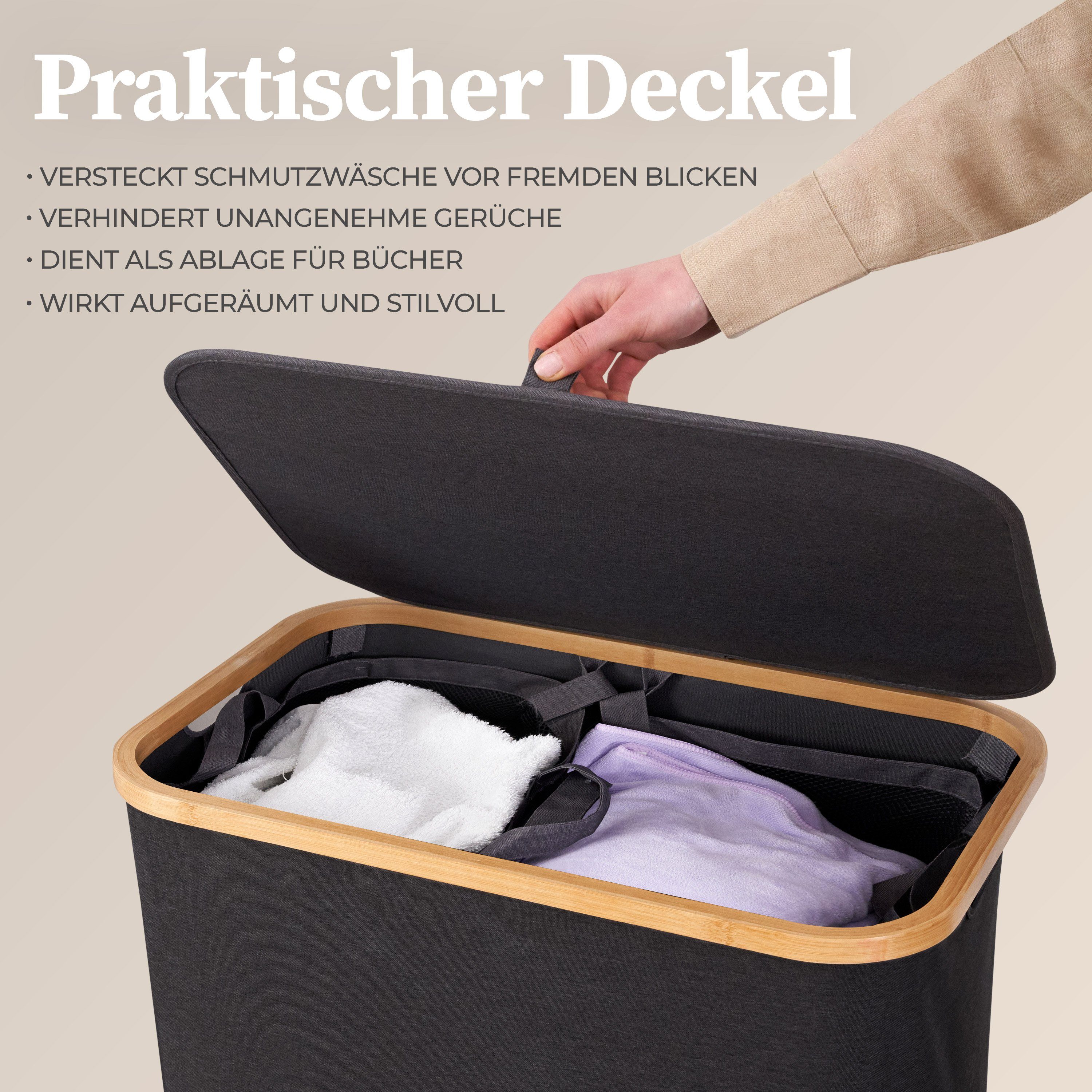 HENNEZ Wäschekorb 140 L mit Deckel, 2 Fächer (inkl. 2 herausnehmbare Wäschesäcke), Wäschesammler schmal 57 x 38 x 67 cm (L x B x H)