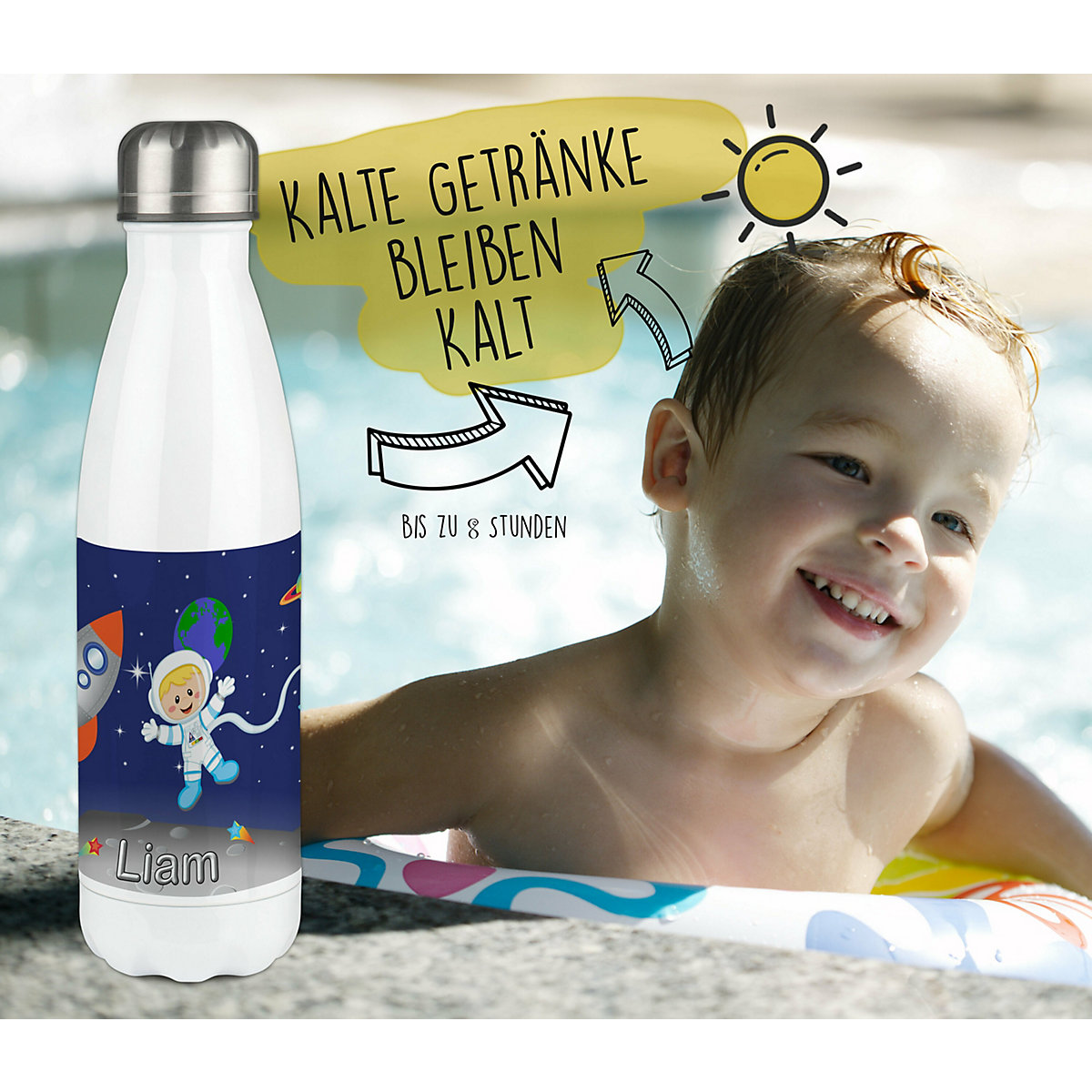 Edelstahl Kinder Thermoflasche / Trinkflasche bunt Weltall Spülmaschinenfest, Auslaufsicher, Bruchfest, Doppelwandig, Für Heißgetränke geeignet, Mit Deckel, Isoliert