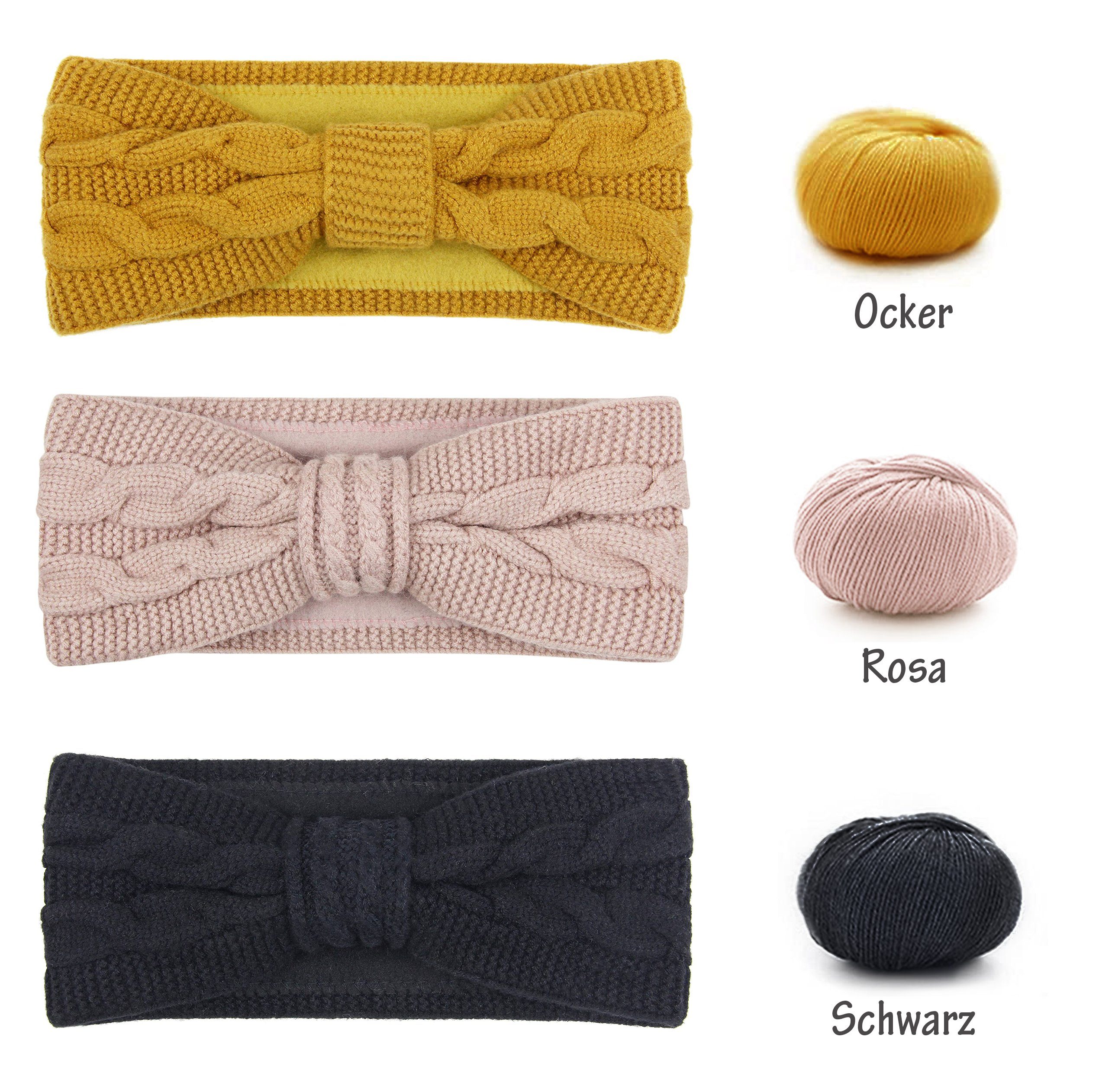 Frentree Stirnband Damen gestricktes Haarband mit Schleife und Zopfmuster, Mädchen Ohrenwärmer gefüttert mit weichem Fleece Innenfutter