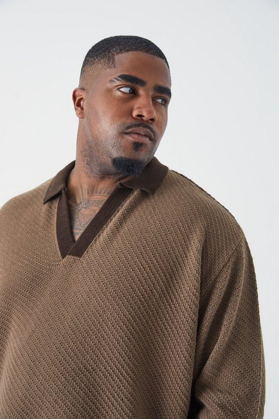 Plus langärmliges Oversize Poloshirt mit Kontrast-Kragen
