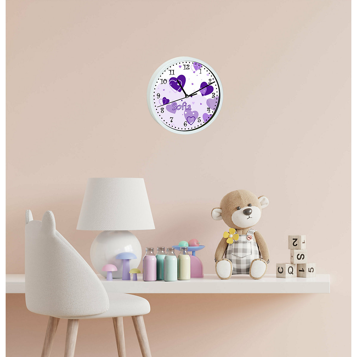 Kinder Wanduhr personalisiert mit Name Herz Lila